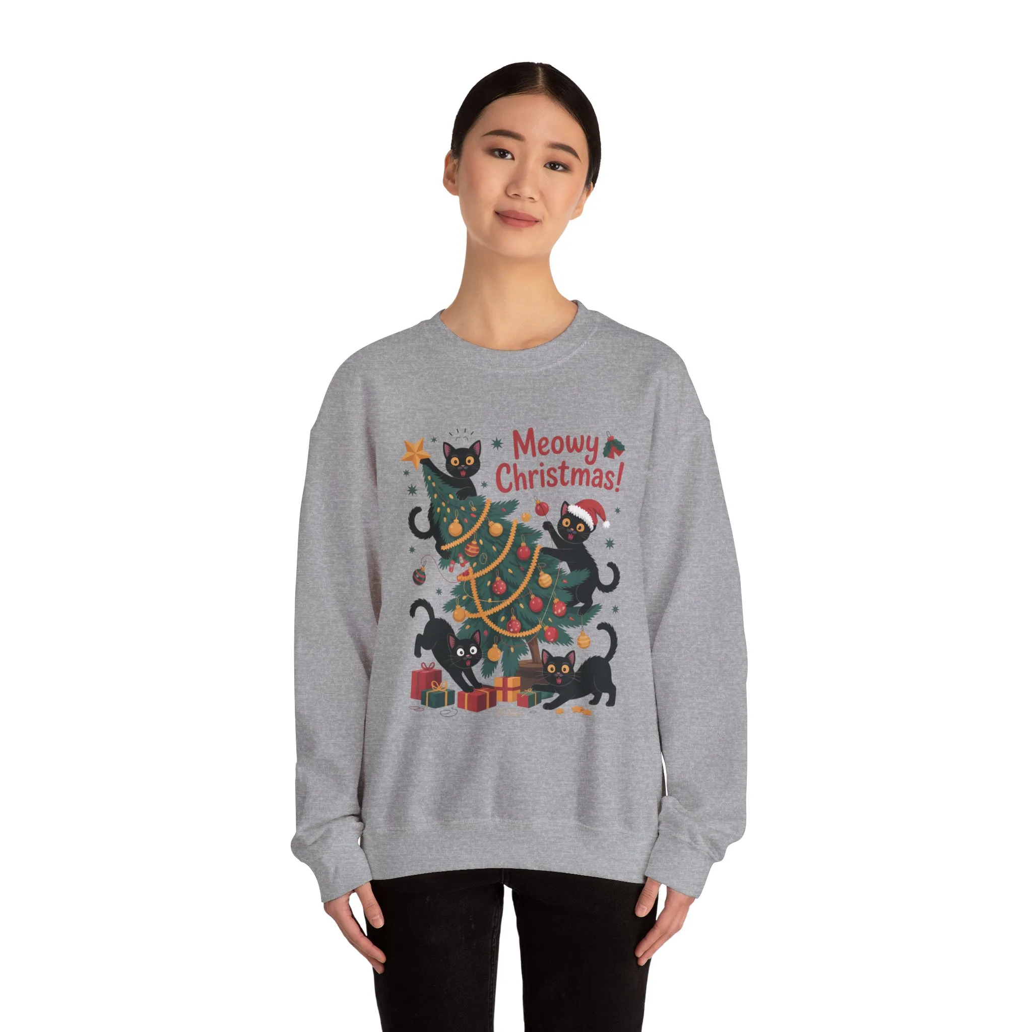 Black Cats Christmas Tree Sweatshirt, Funny Cat Lover Holiday Sweater, Cute Christmas Cat Chaos Jumper - Image 8