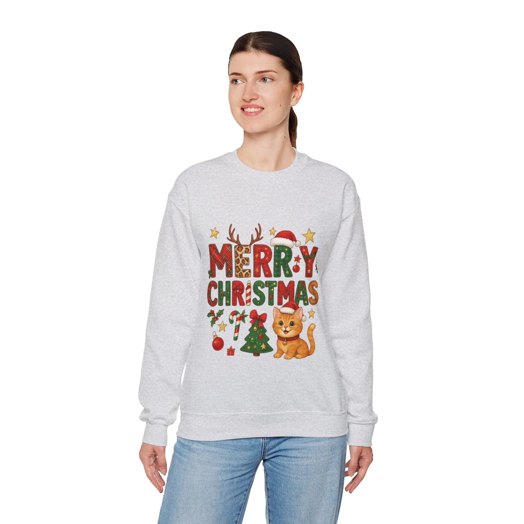 Women's Merry Christmas Cat Sweatshirt, Cozy Holiday Cat Lover Pullover, Women's Heavy Blend™ Crewneck Sweatshirt - Image 3