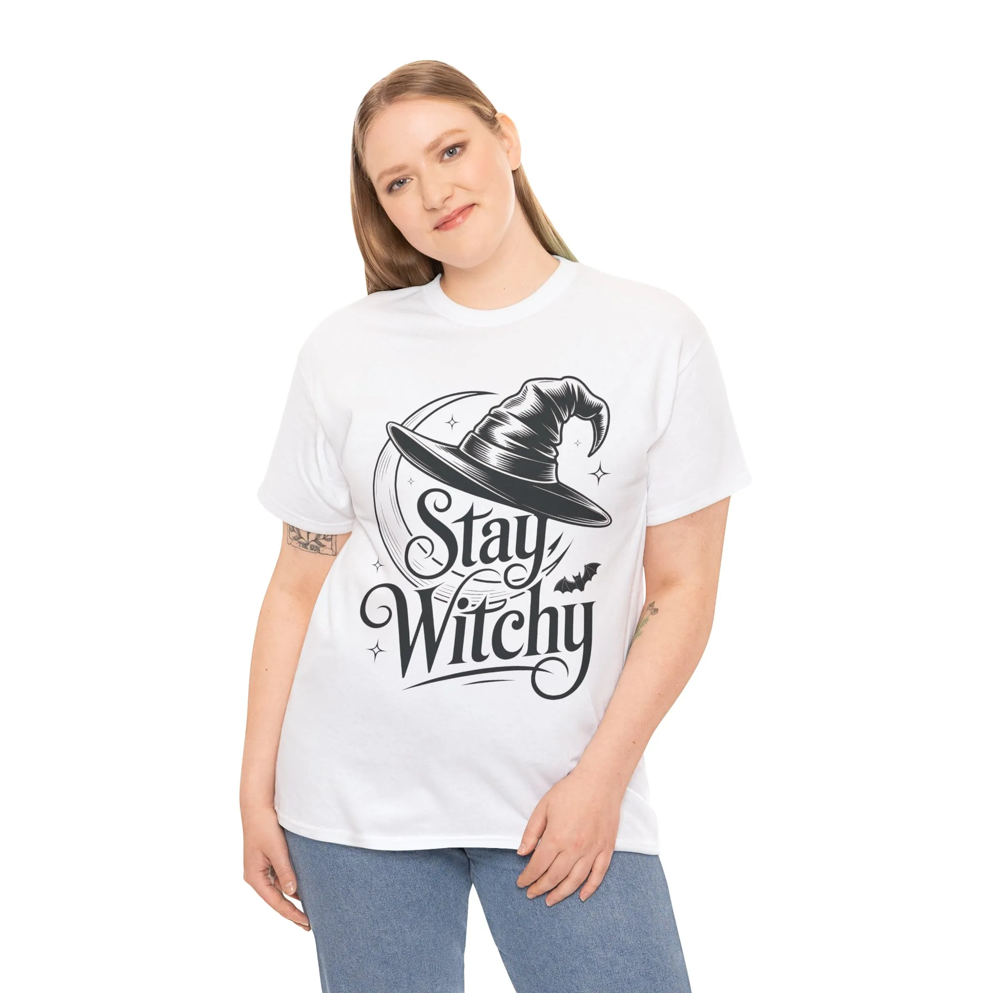 Stay Witchy Gothic Moon Witch Hat Women's T-Shirt, Minimalist Halloween Witchy Graphic Tee - Image 6