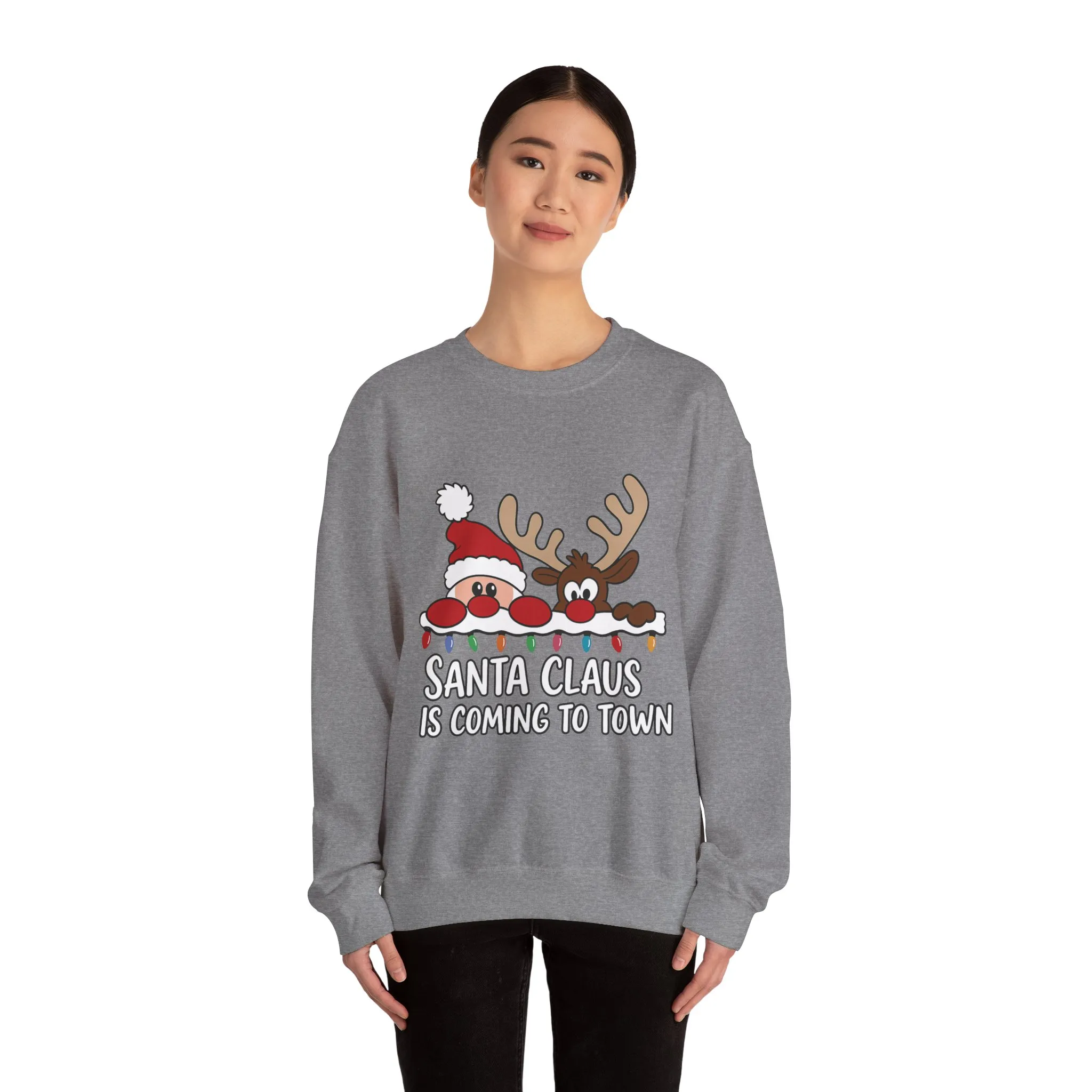Santa Claus Is Coming to Town Women's Christmas Sweatshirt, Cute Santa - Reindeer Holiday Jumper - Image 11