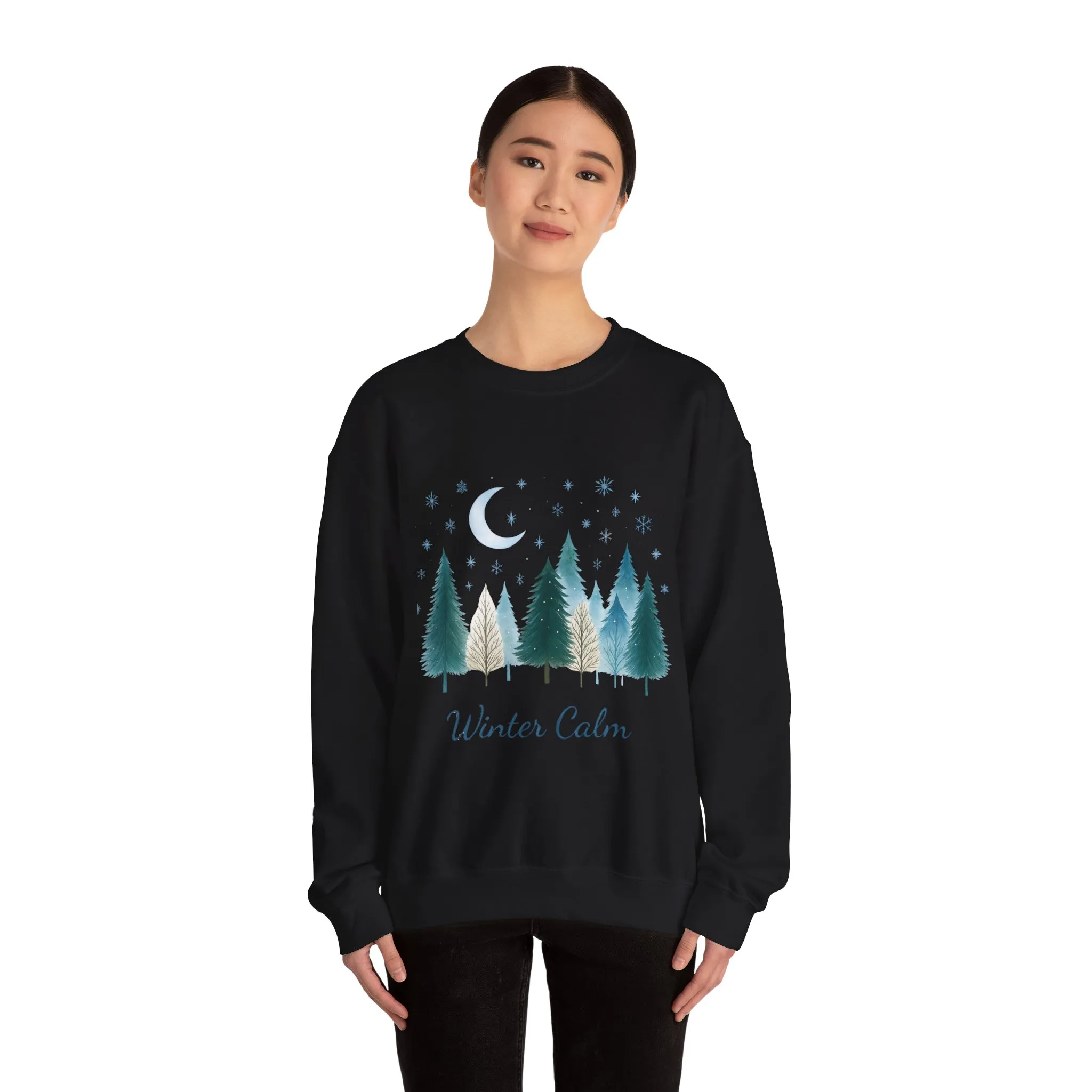 Winter Calm Sweatshirt, Minimalist Christmas Forest Pullover, Serene Winter Moon Scene Sweater for Women - Image 8