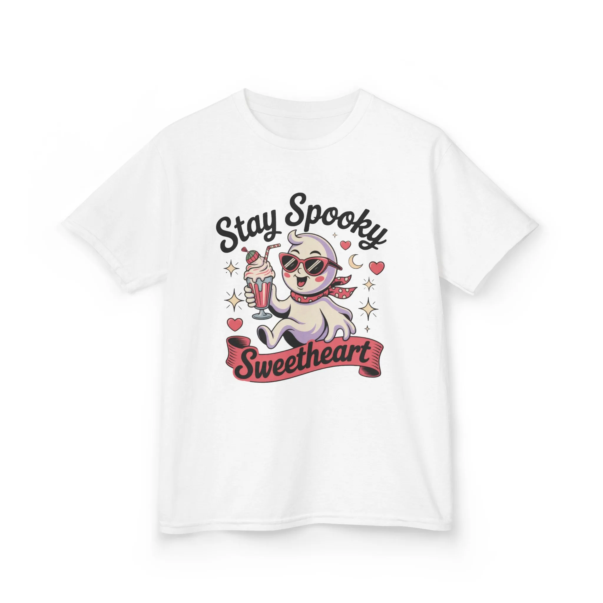 Girls Halloween Ghost T-Shirt, Stay Spooky Sweetheart Tee for Kids, Cute Retro Style Tween Girl Outfit Gift, Kids Heavy Cotton⢠Tee - Image 3