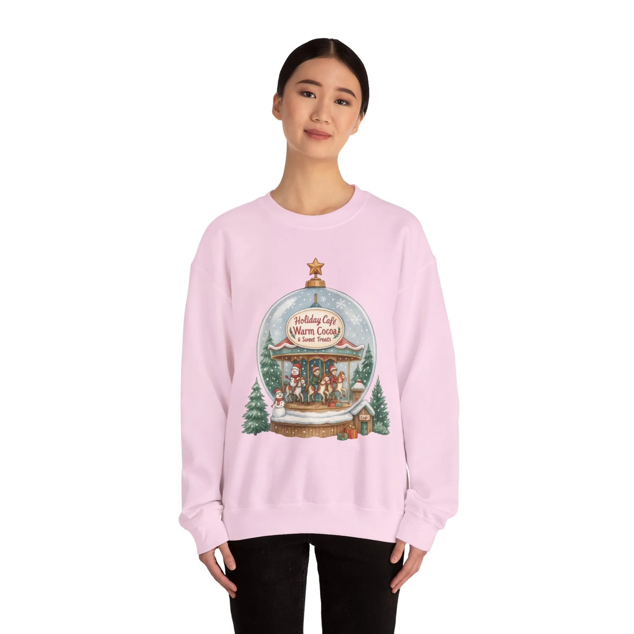 Holiday Café Christmas Sweatshirt, Warm Cocoa Snow Globe Pullover - Image 2