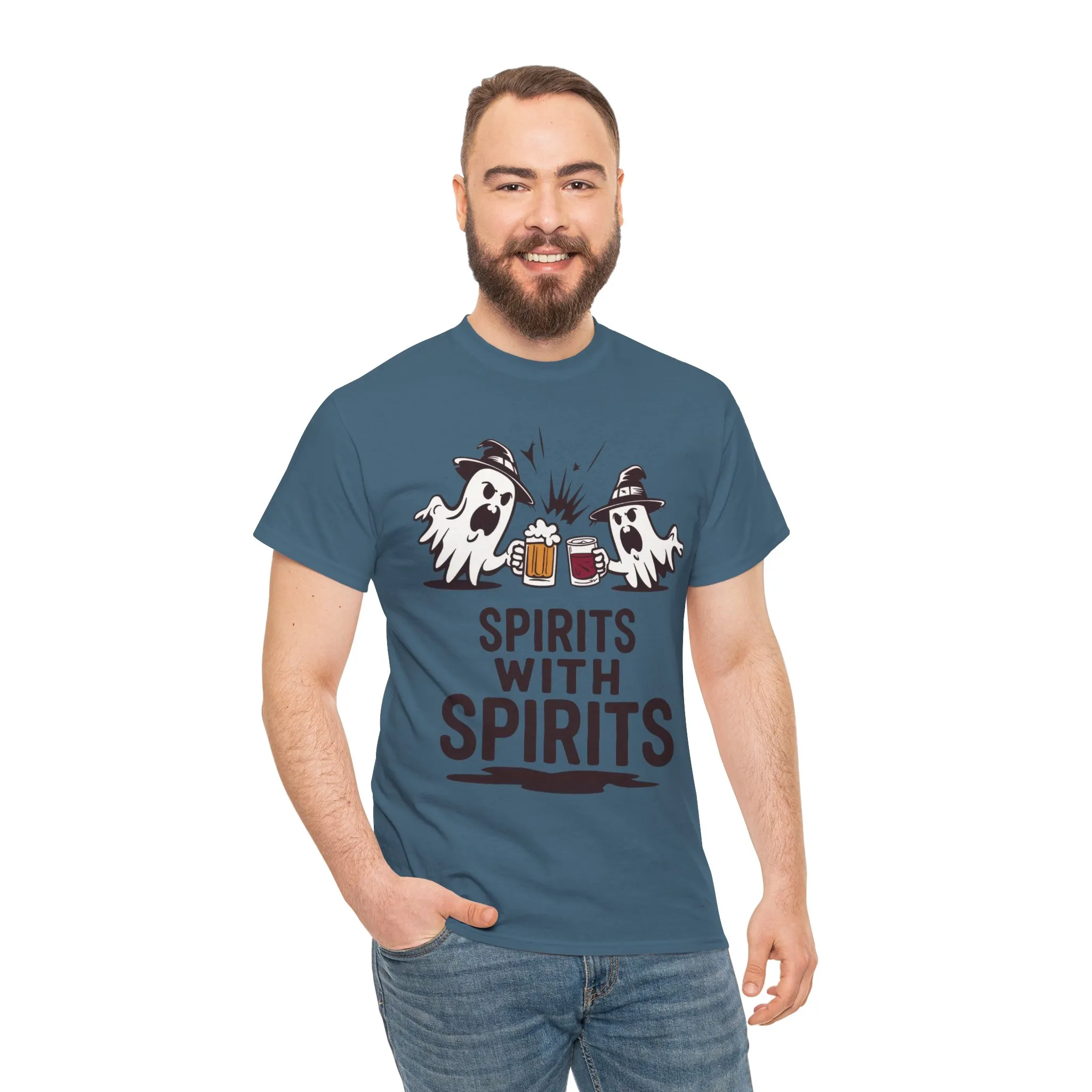 Spirits With Spirits Men's T-Shirt, Funny Ghost Drinking Halloween Party Graphic Tee - Image 20