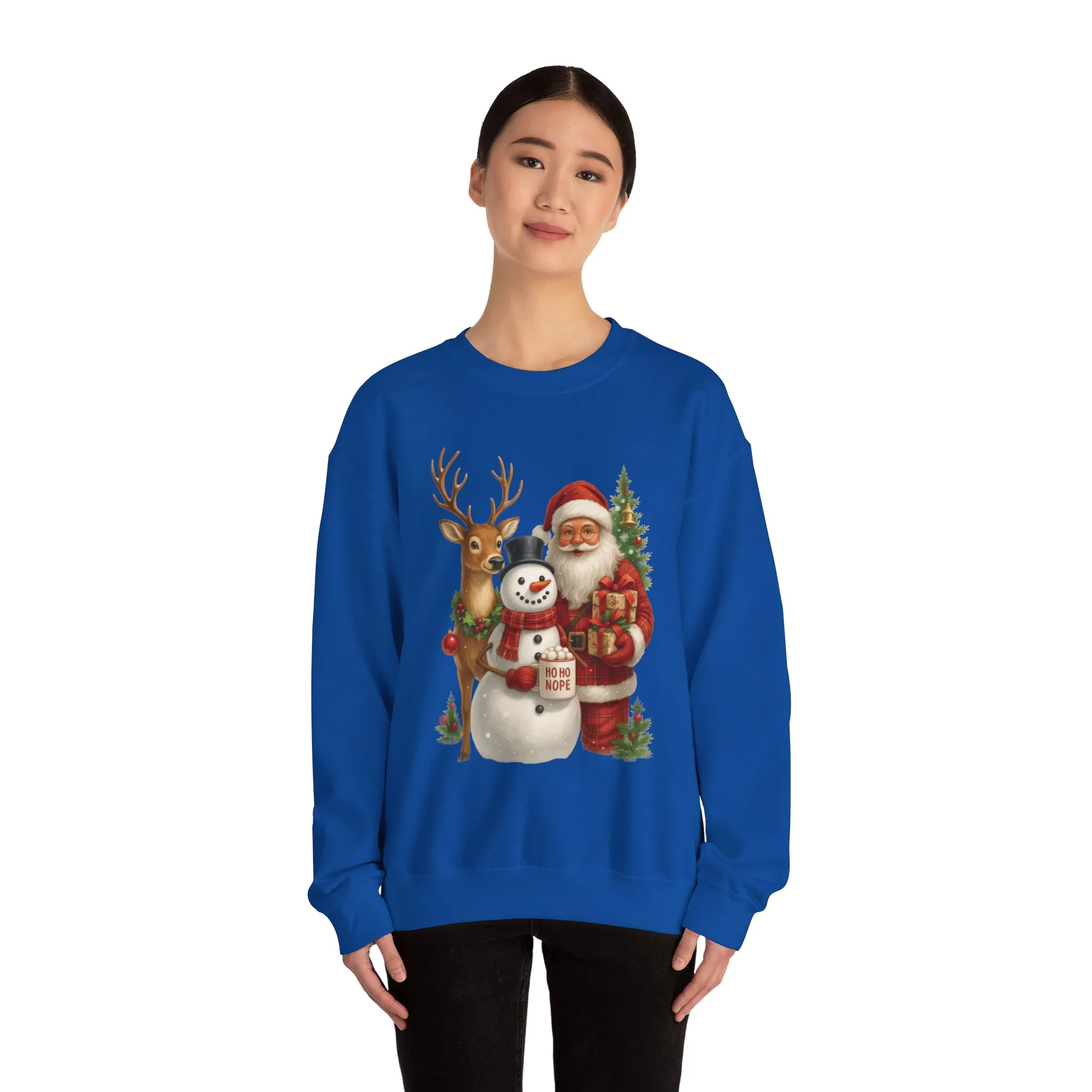 Santa, Snowman - Reindeer Christmas Sweatshirt, Funny Ho Ho Nope Holiday Sweater, Cute Vintage Christmas Jumper for Women - Image 3