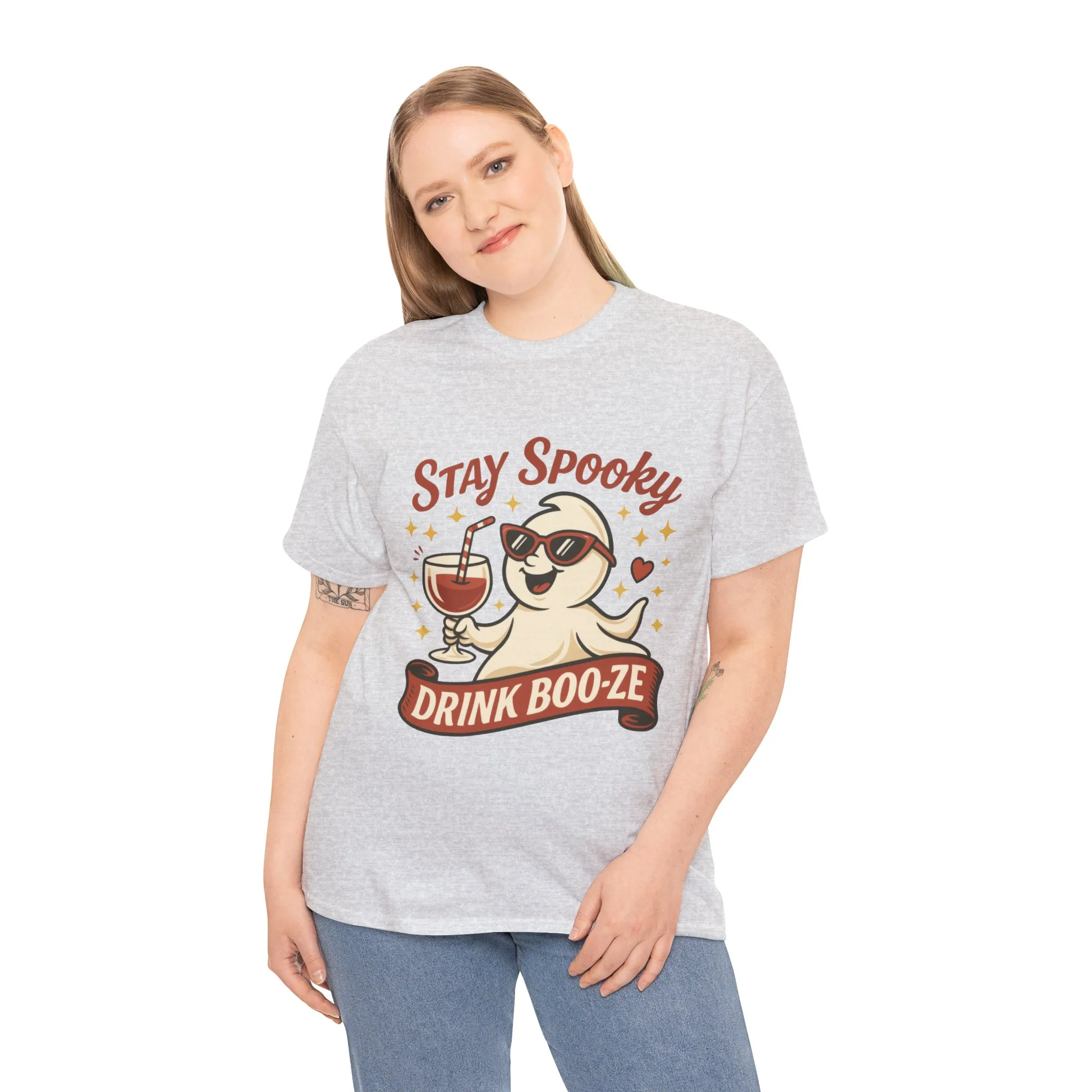 Stay Spooky Drink Boo-ze Women's T-Shirt, Funny Ghost Wine Halloween Party Graphic Tee - Image 6
