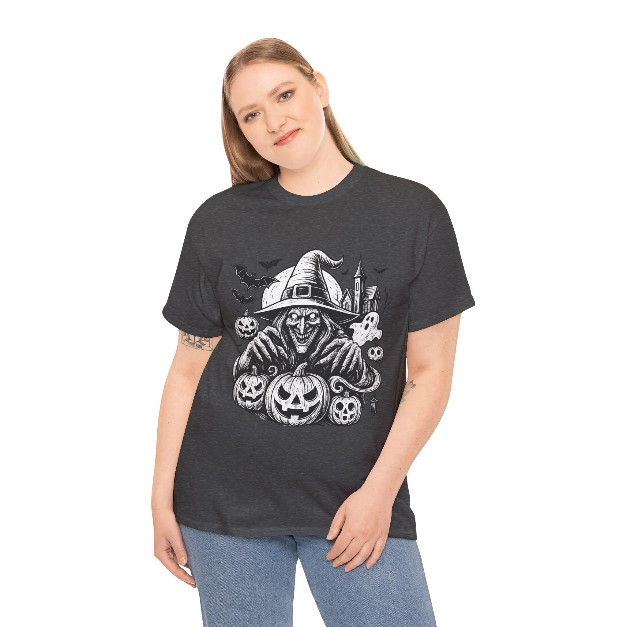 Scary Witch Halloween Shirt Women, Gothic Pumpkin Ghost Tee, Spooky Horror Tee with Bats - Image 9