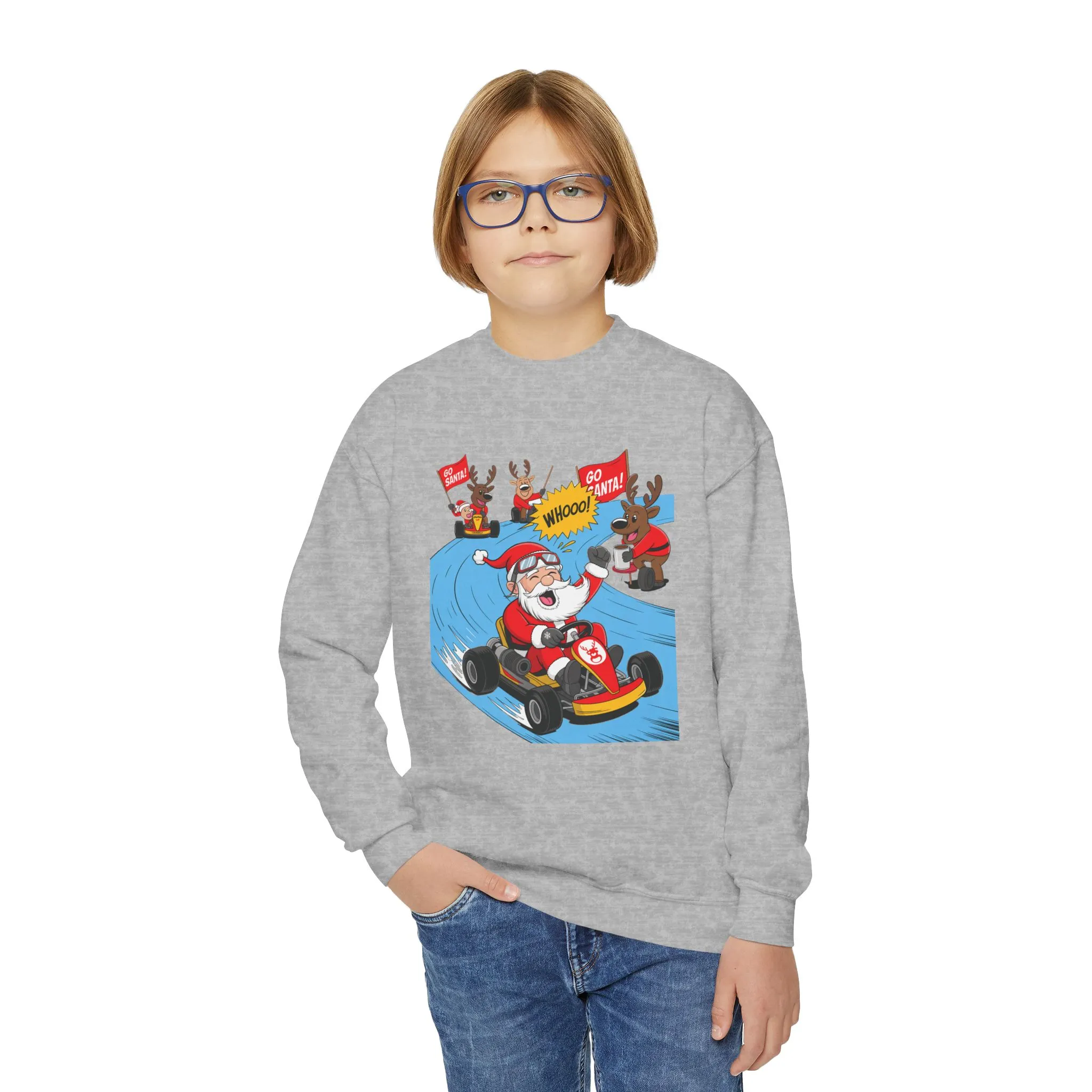 Go Santa Kart Racing Christmas Sweatshirt, Funny Santa - Reindeer Holiday Sweatshirt for Kids, Cute Christmas Jumper, Youth Xmas Gift - Image 2