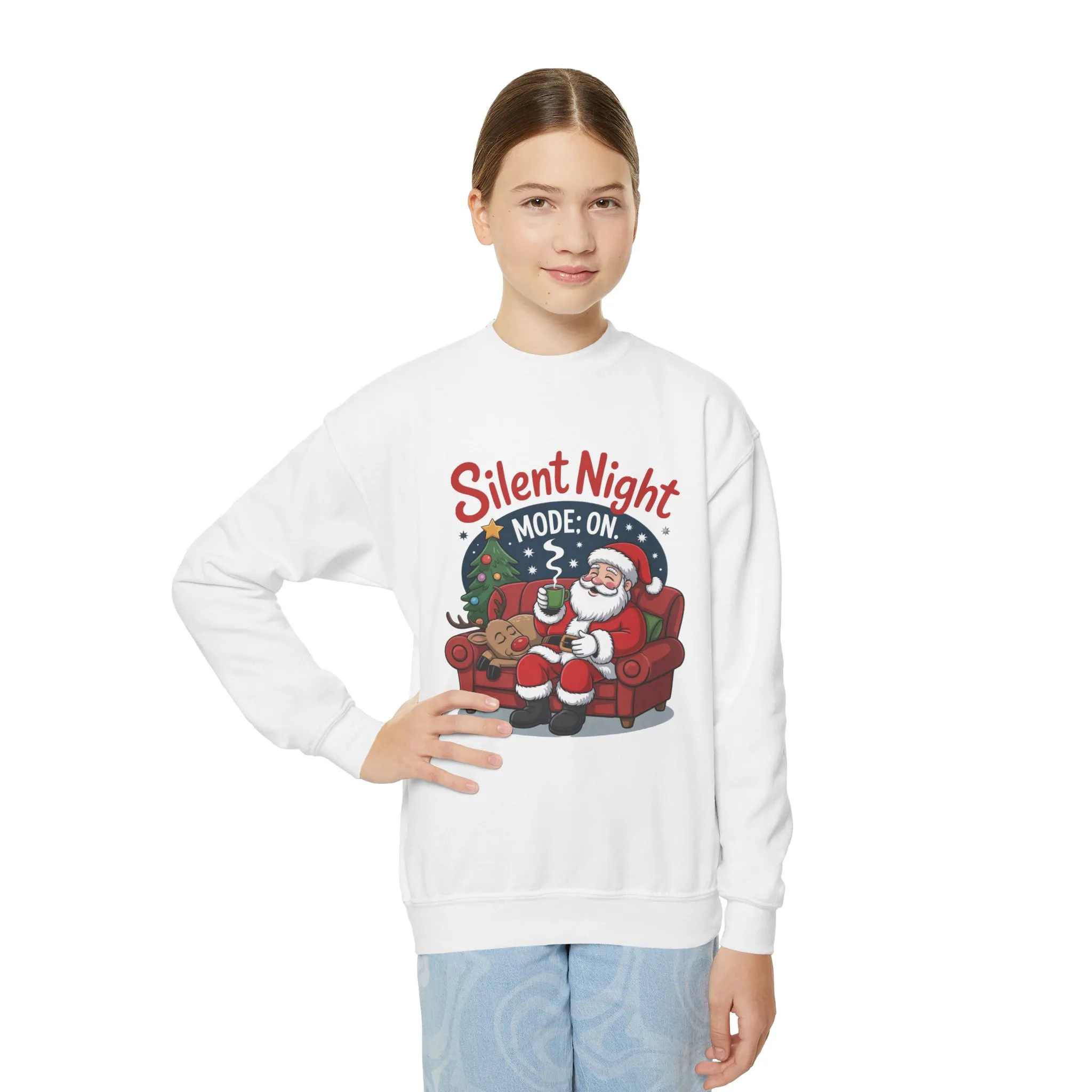 Kids Silent Night Mode On Christmas Sweatshirt, Cute Santa - Reindeer Holiday Jumper, Funny Cozy Christmas Sweater for Youth - Image 6