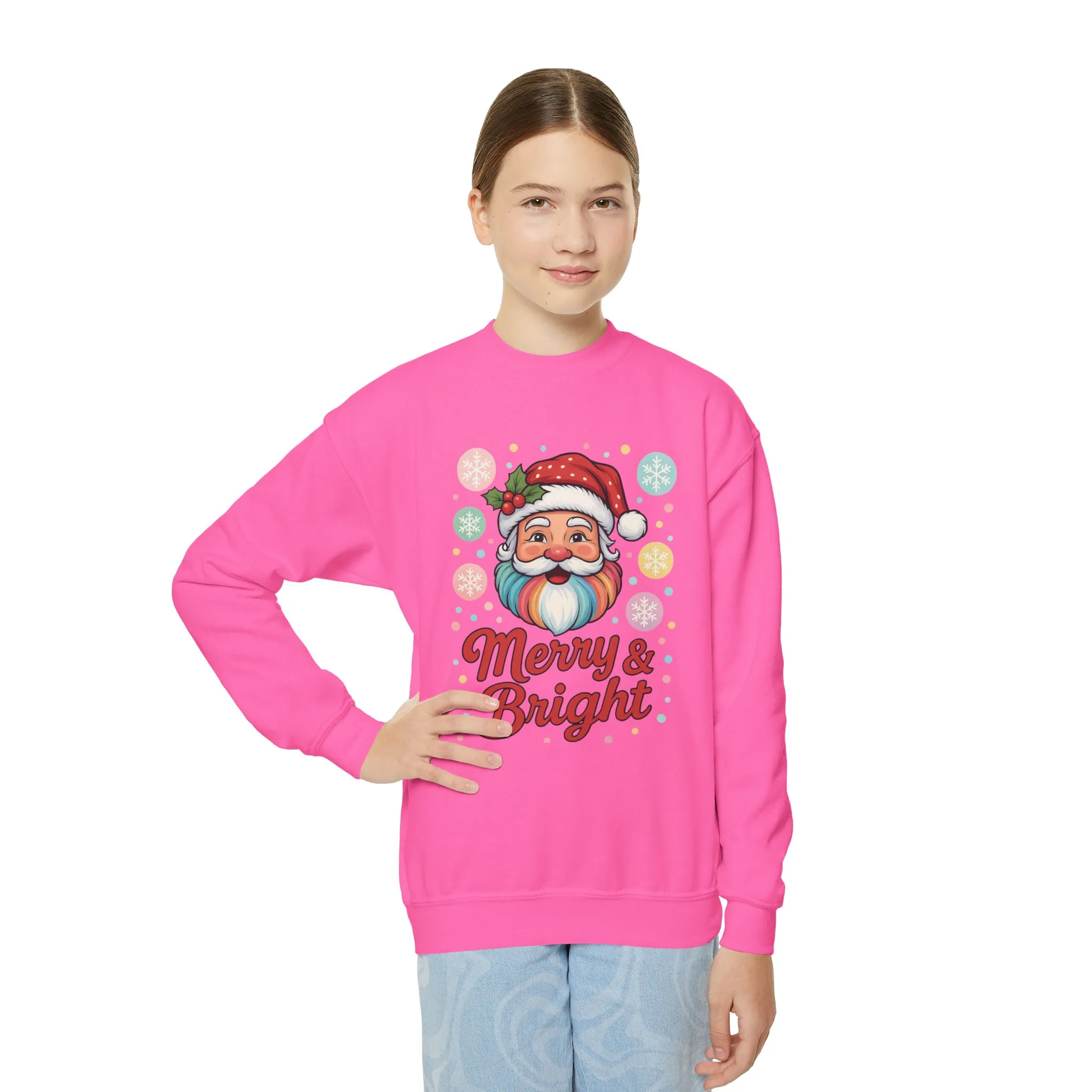 Kids Merry - Bright Santa Christmas Sweatshirt, Cute Colorful Holiday Jumper, Retro Pastel Santa Sweater