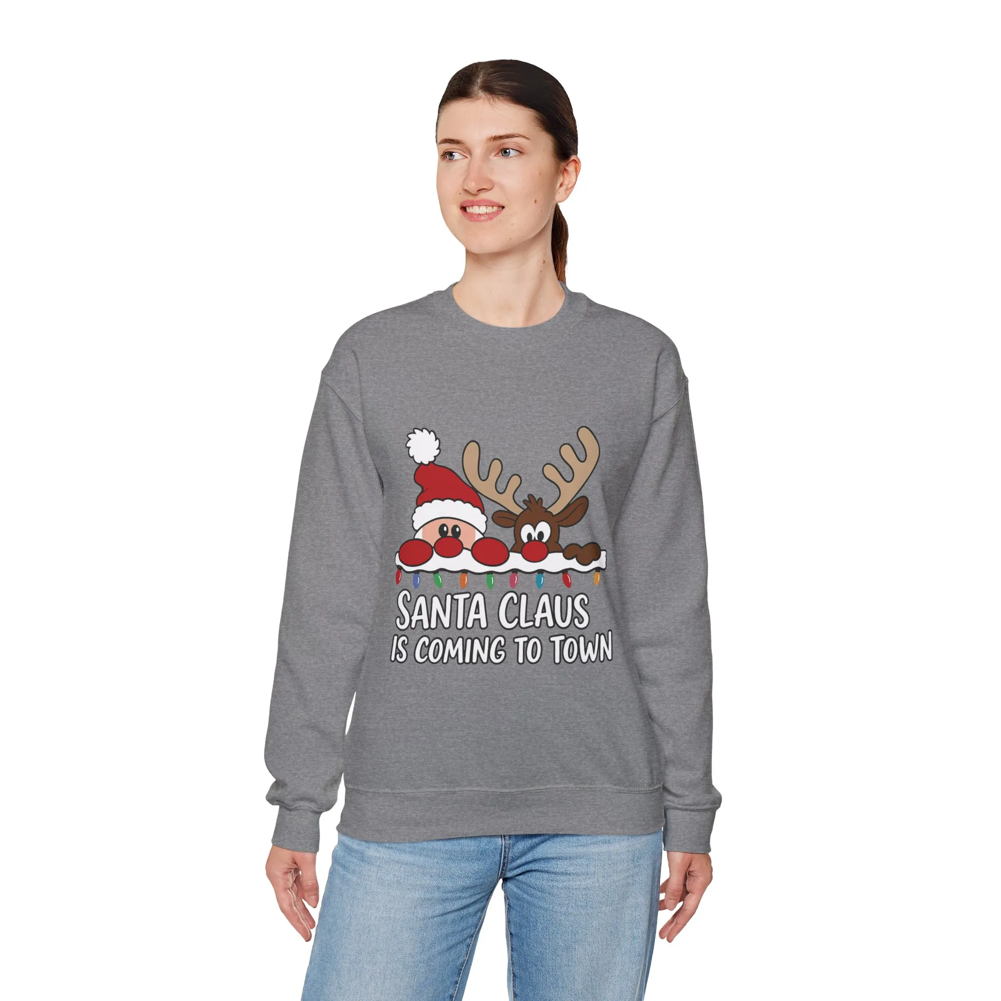 Santa Claus Is Coming to Town Women's Christmas Sweatshirt, Cute Santa - Reindeer Holiday Jumper - Image 10