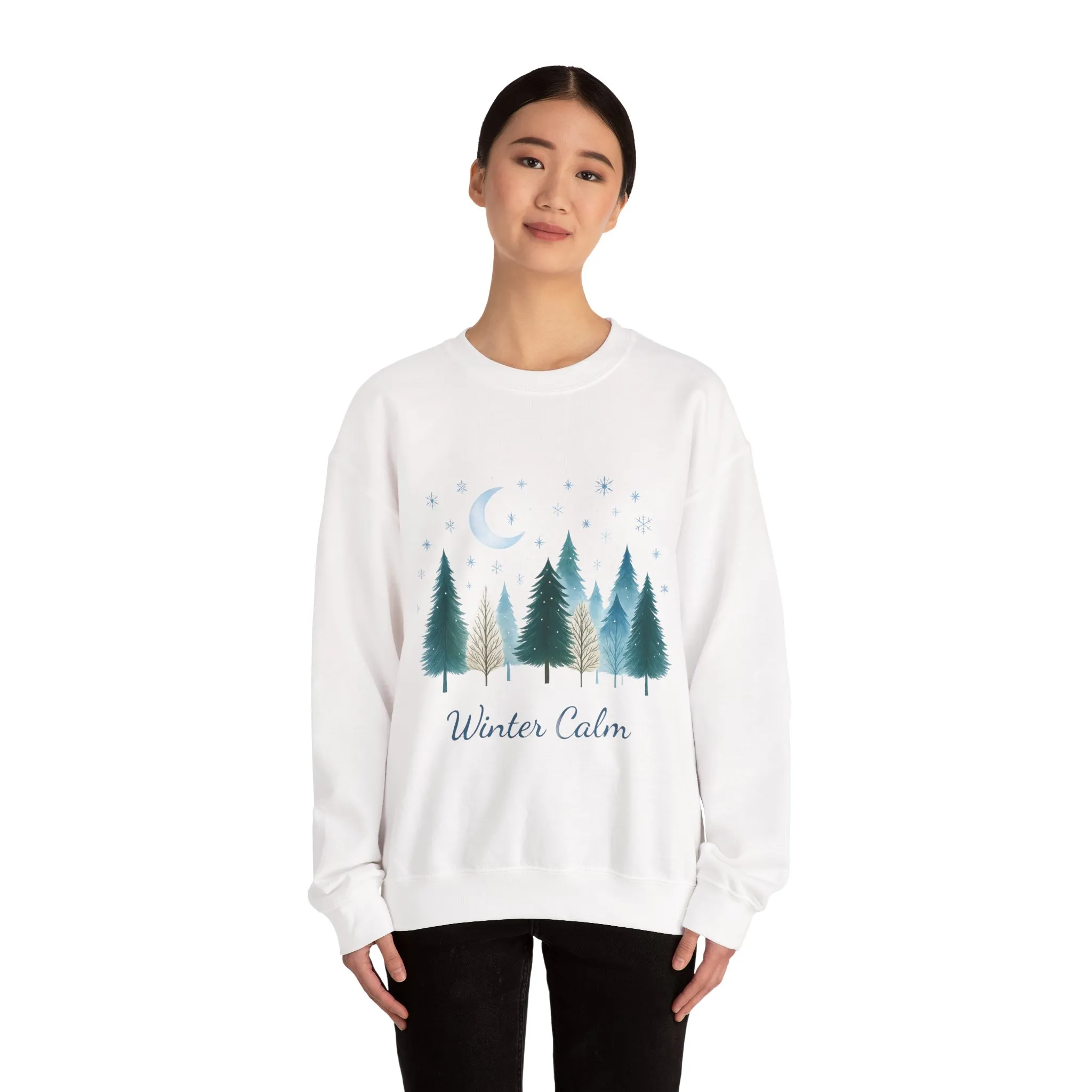 Winter Calm Sweatshirt, Minimalist Christmas Forest Pullover, Serene Winter Moon Scene Sweater for Women - Image 5