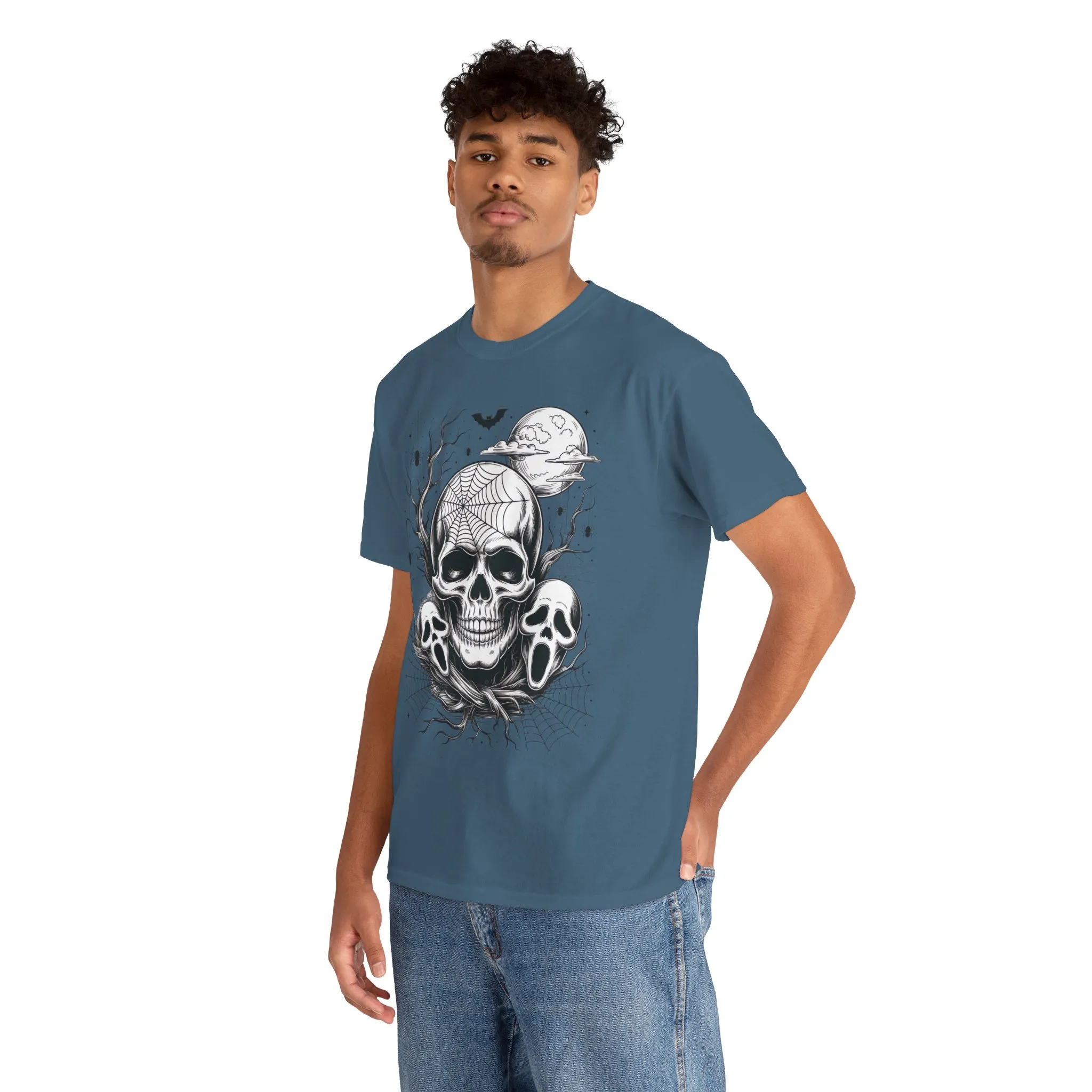 Men's Gothic Skull T-Shirt, Halloween Graphic Tee, Spider Web Moon Horror Shirt, Spooky Skull Graphic Top for Him - Image 18