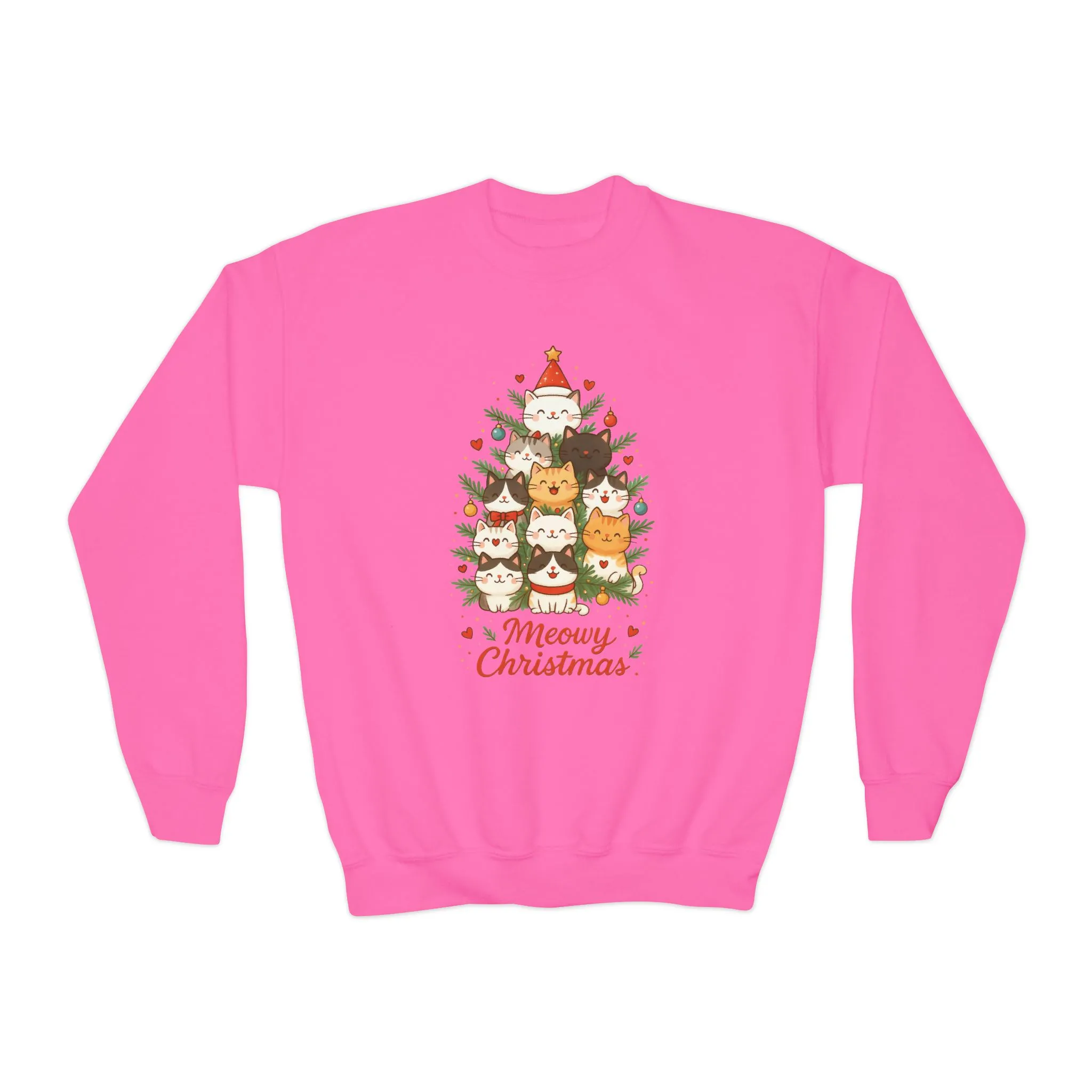 Youth Meowy Christmas Cat Sweatshirt, Cute Holiday Kitty Jumper - Image 13