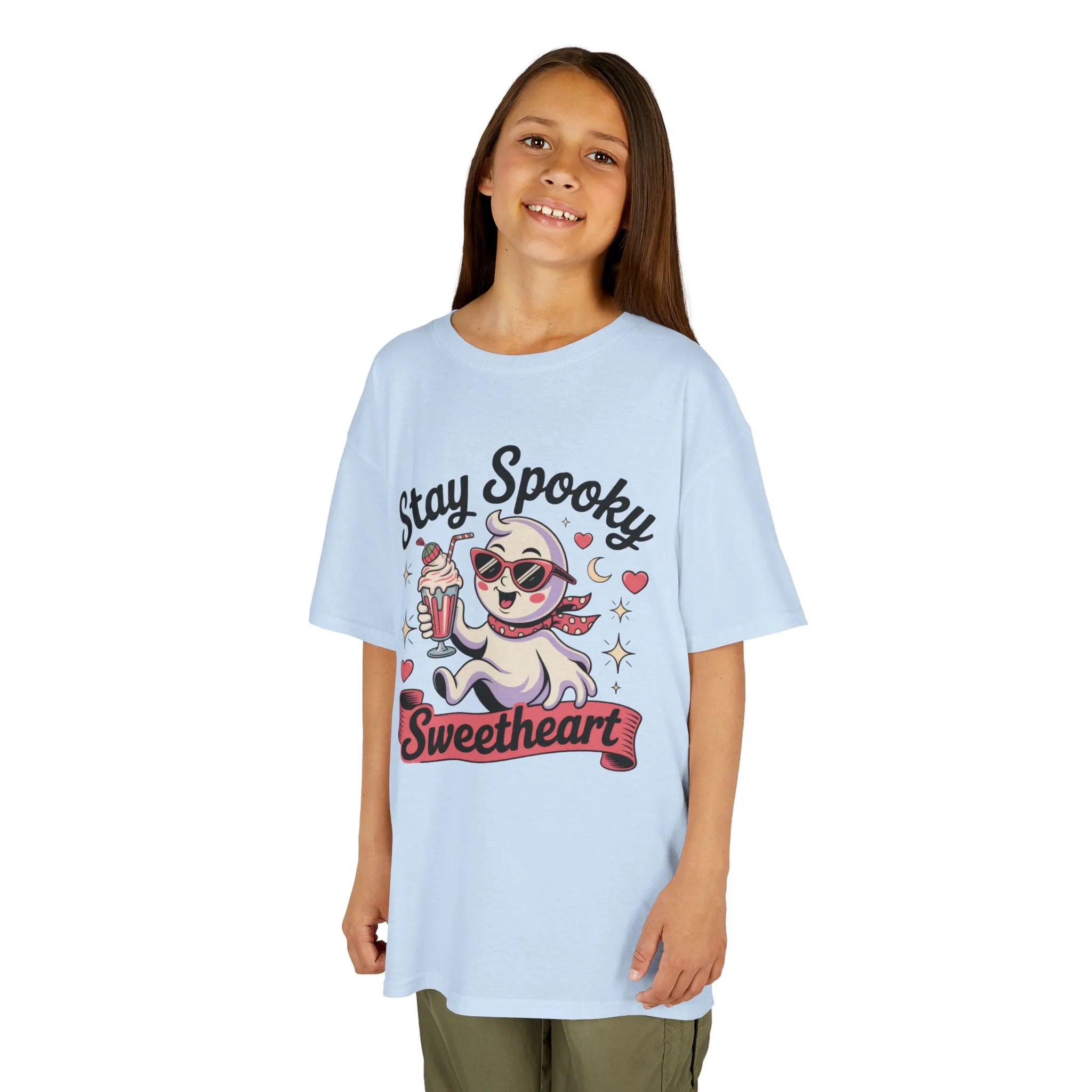 Girls Halloween Ghost T-Shirt, Stay Spooky Sweetheart Tee for Kids, Cute Retro Style Tween Girl Outfit Gift, Kids Heavy Cotton⢠Tee - Image 8