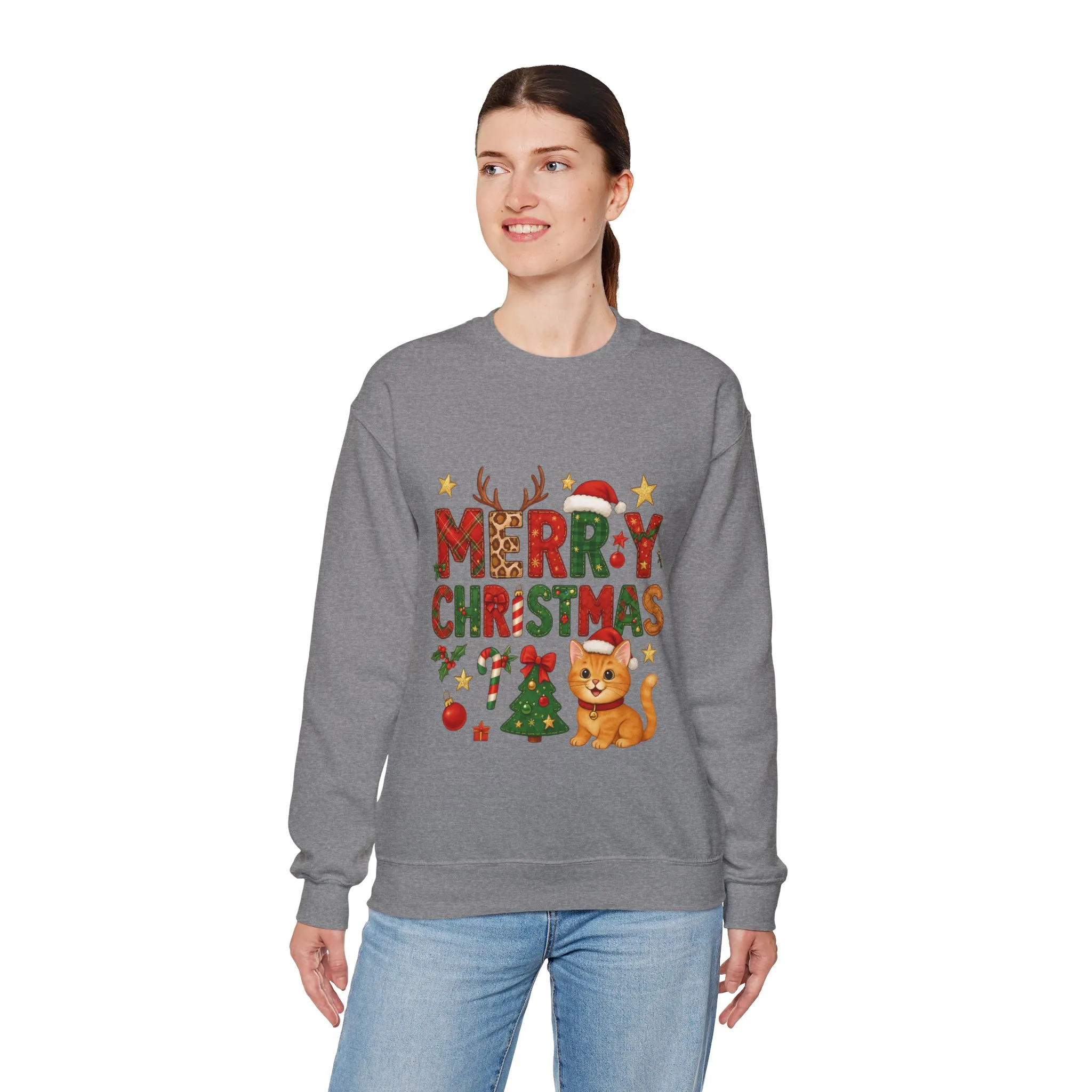Women's Merry Christmas Cat Sweatshirt, Cozy Holiday Cat Lover Pullover, Women's Heavy Blend™ Crewneck Sweatshirt - Image 6