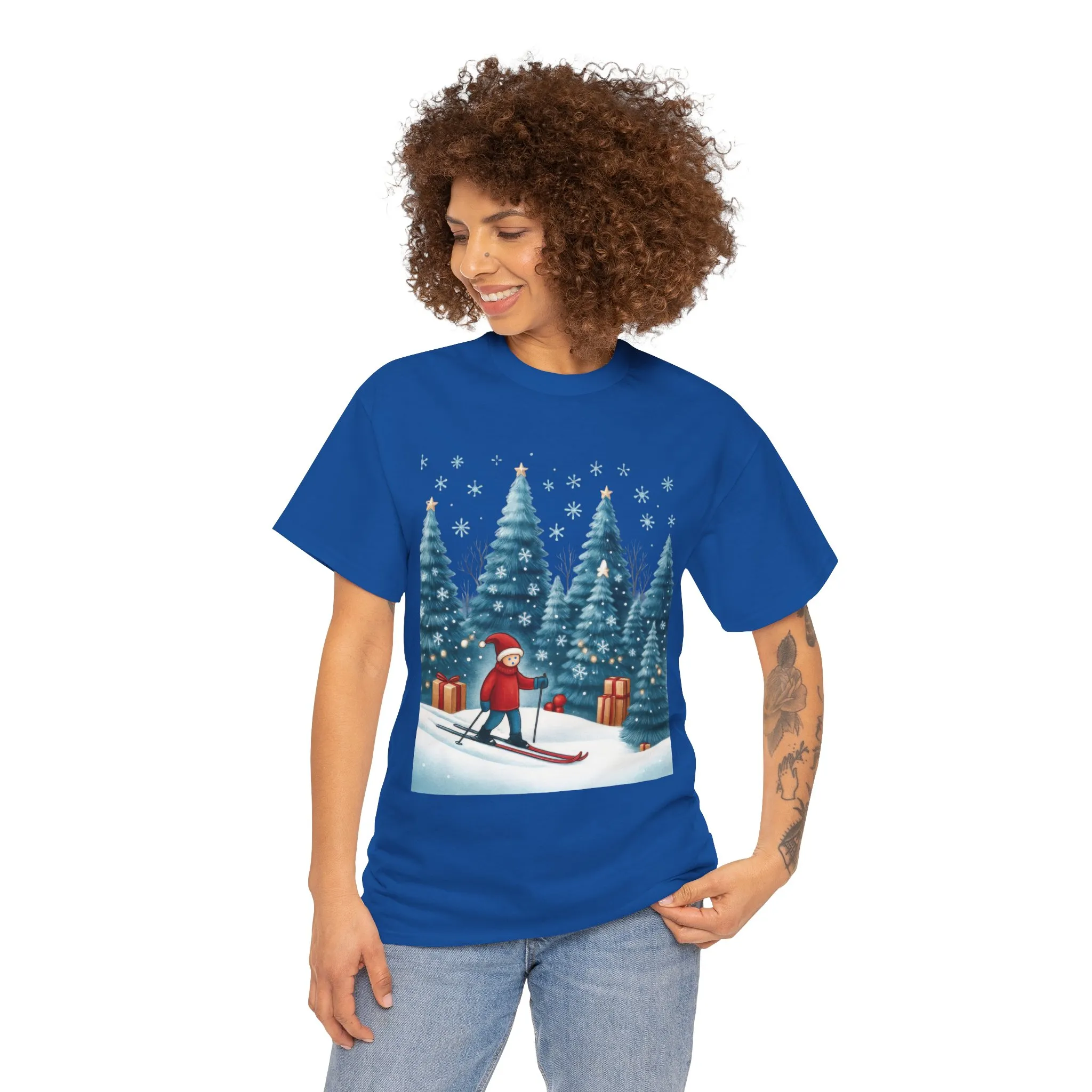 Womens Cute Winter Holiday Graphic Tee, Christmas Skiing T-Shirt, Women's Heavy Cotton Tee - Image 11