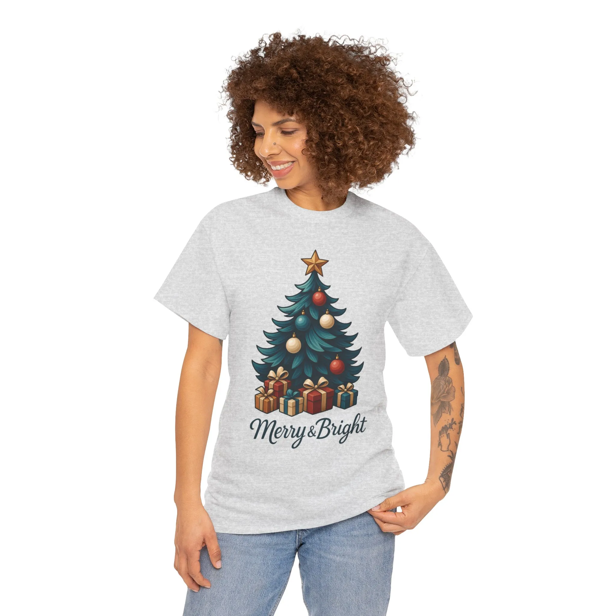 Merry & Bright Christmas T-Shirt, Holiday Tree Gift Tee for Women