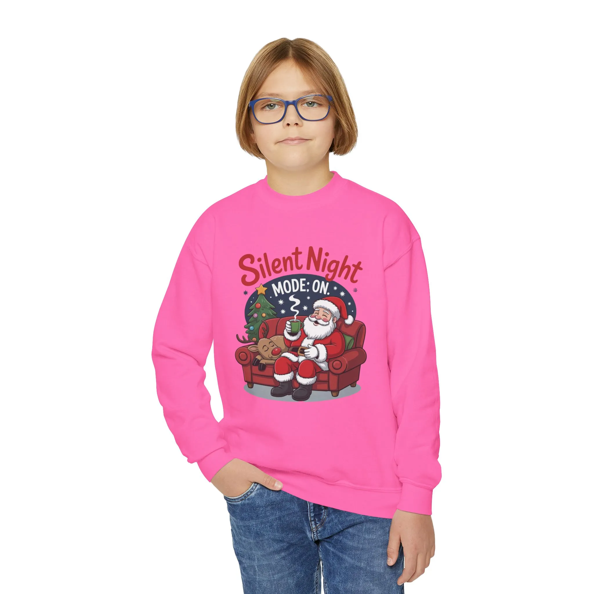 Kids Silent Night Mode On Christmas Sweatshirt, Cute Santa - Reindeer Holiday Jumper, Funny Cozy Christmas Sweater for Youth - Image 23