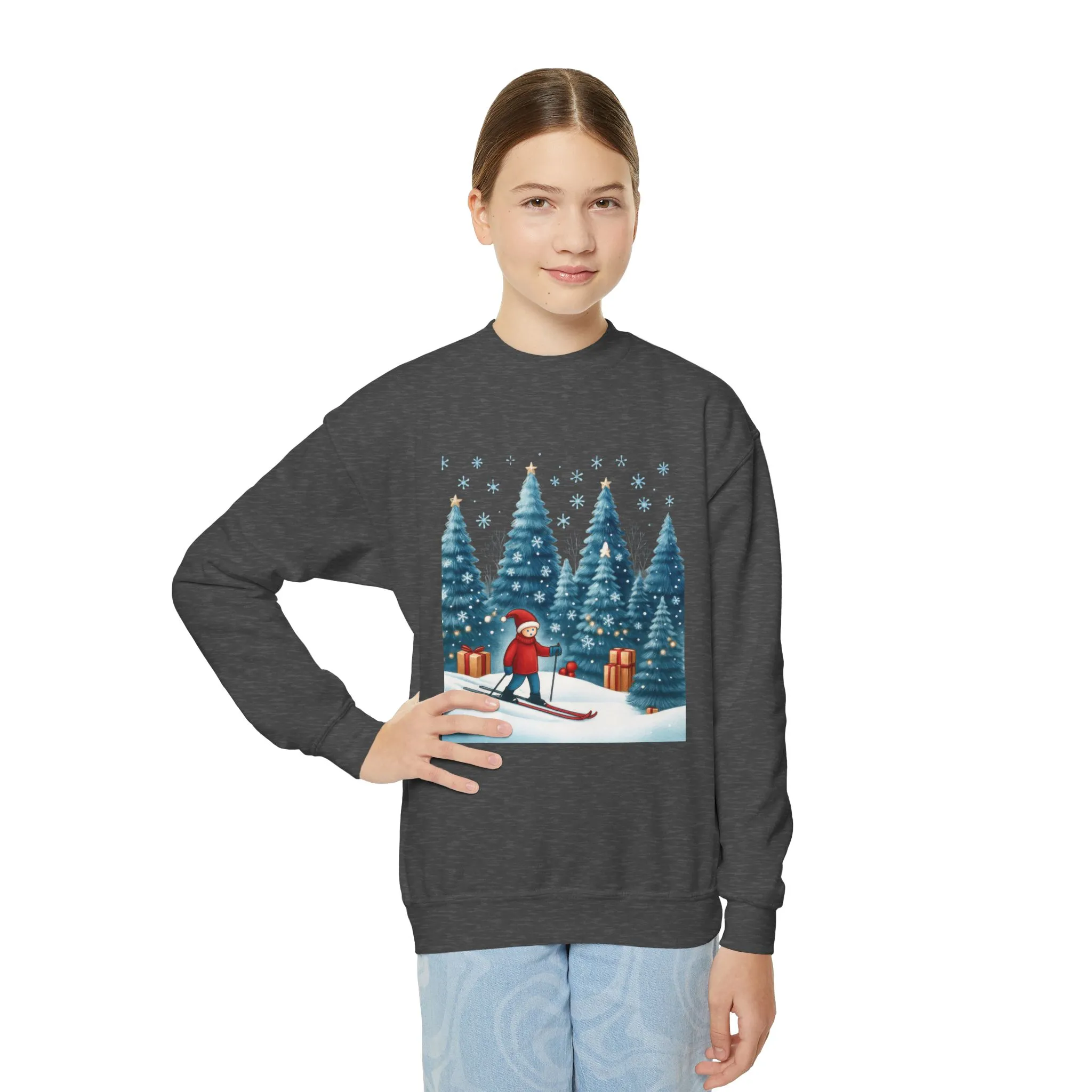 Kids Christmas Skiing Sweatshirt, Cute Holiday Winter Pullover, Youth Crewneck Sweatshirt - Image 6