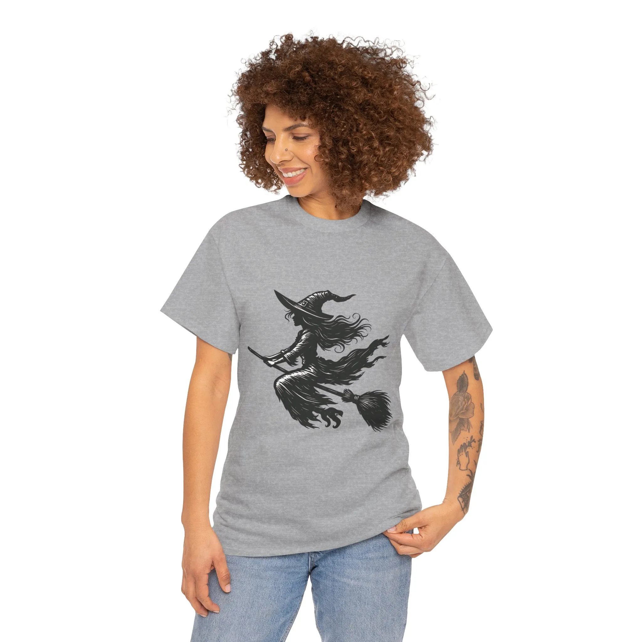 Flying Witch Silhouette Halloween T-Shirt for Women, Vintage Witch on Broom Tee, Spooky Gothic Fall Shirt, Minimal Black Witch Top - Image 11
