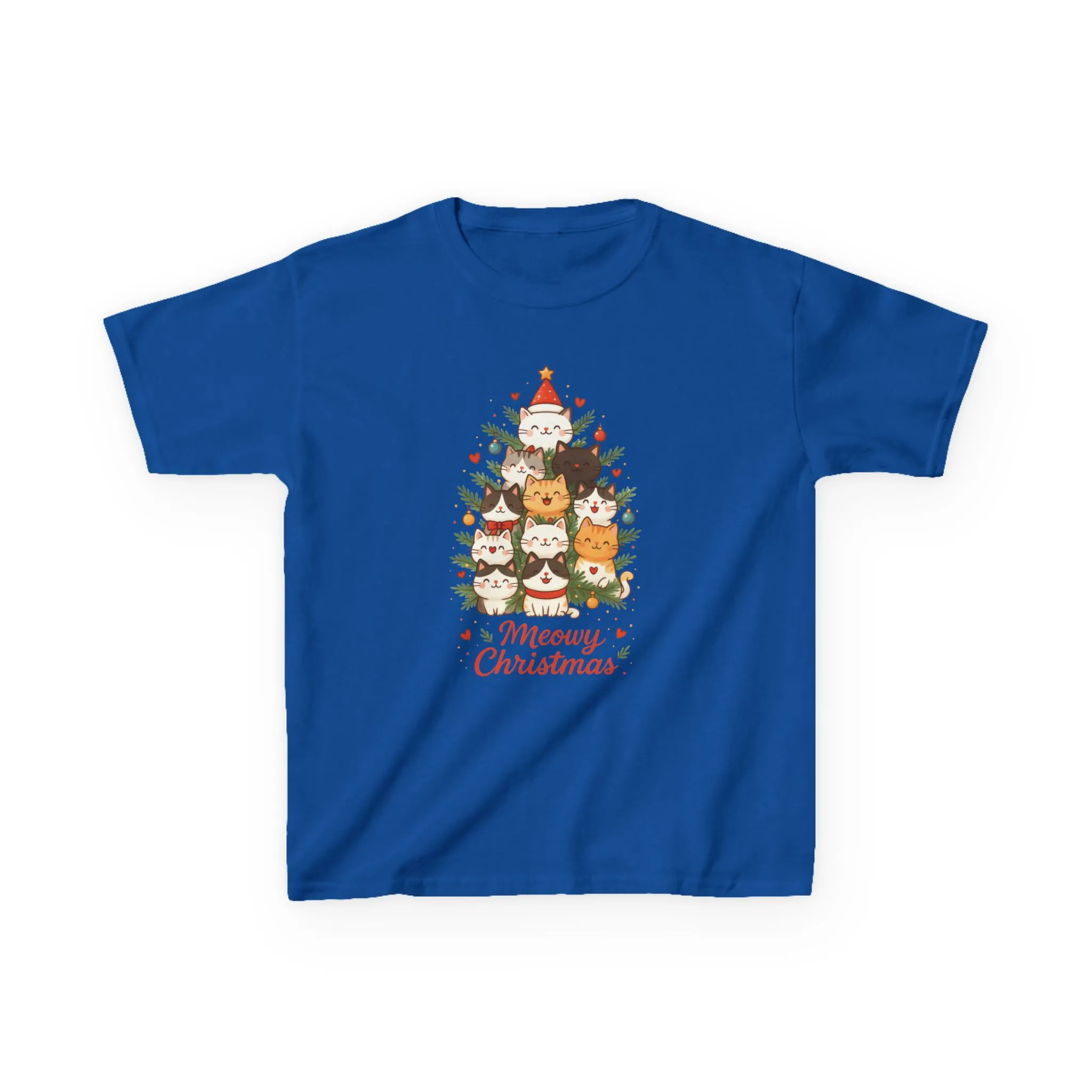 Youth Meowy Christmas Cat T-Shirt, Cute Kids Holiday Kitty Tee - Image 11