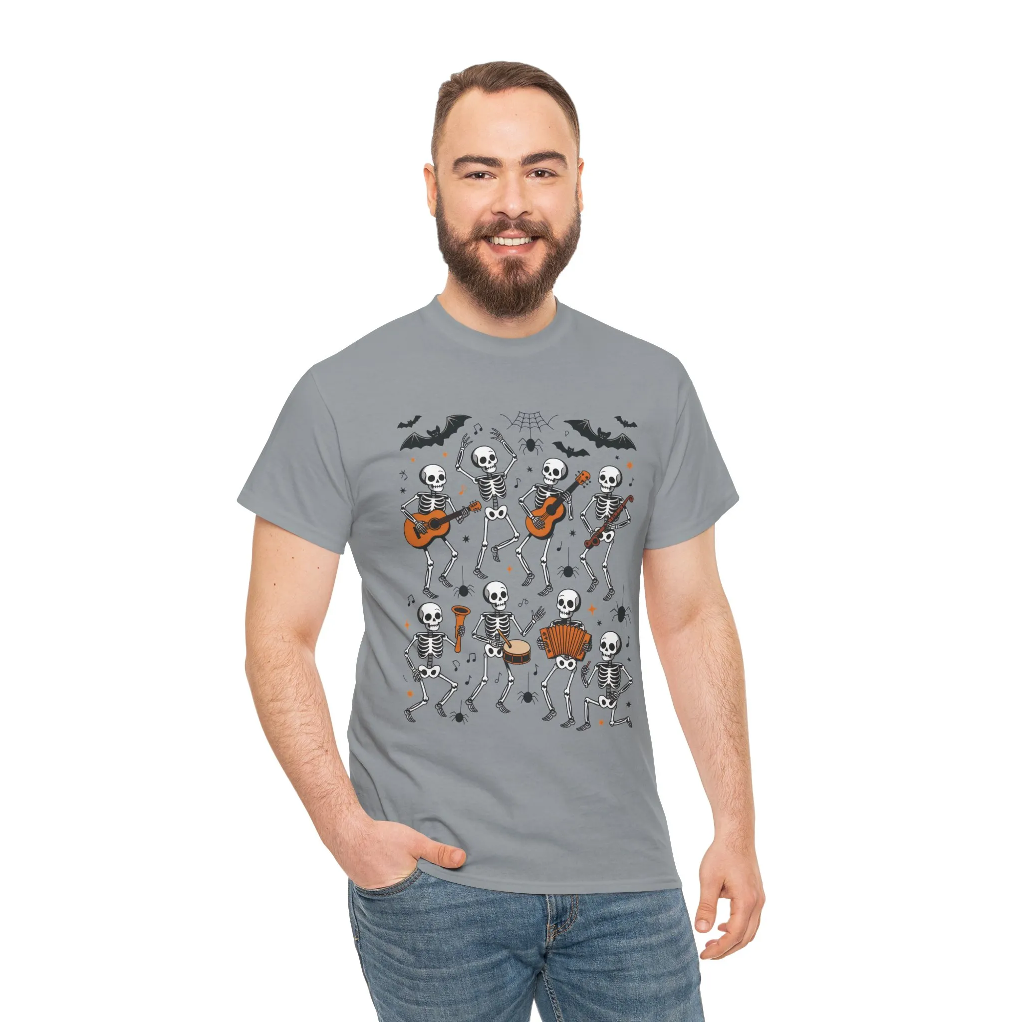 Dancing Skeleton Band Halloween T-Shirt for Men, Funny Spooky Music Tee, Rock and Roll Skeleton Shirt, Cool Halloween Party Outfit