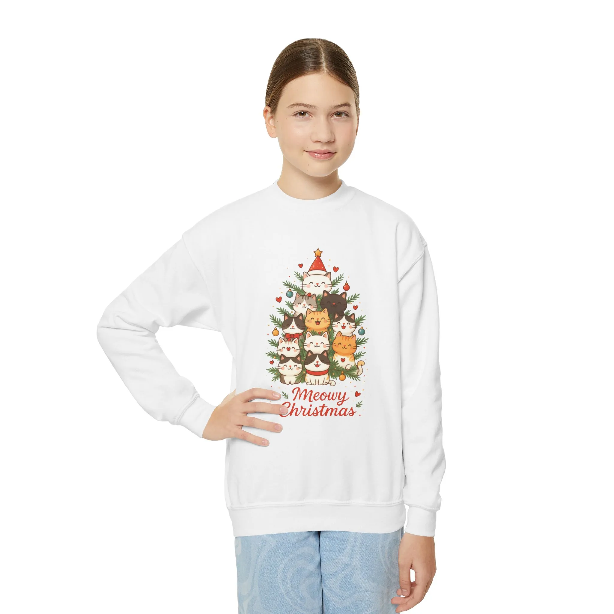 Youth Meowy Christmas Cat Sweatshirt, Cute Holiday Kitty Jumper - Image 4