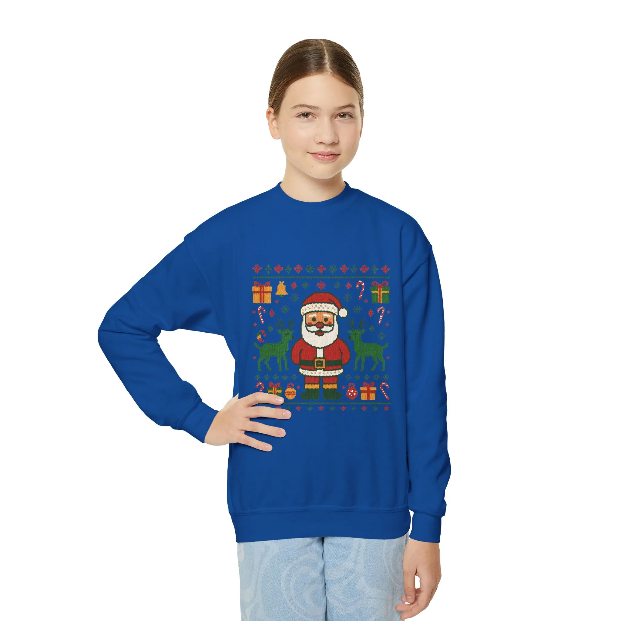 Kids Santa Christmas Shirt, Cute Knit Pattern Holiday Sweatshirt, Youth Crewneck Sweatshirt - Image 17