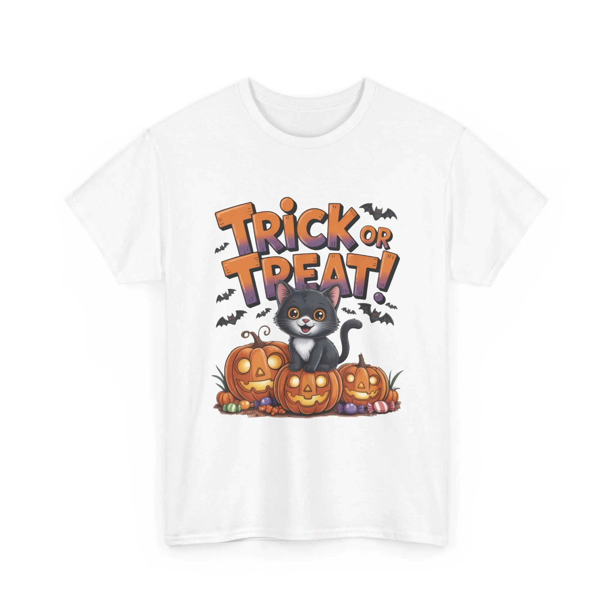 Cute Black Cat Trick or Treat Halloween T-Shirt for Women, Funny Pumpkin Cat Tee, Spooky Fall Shirt, Matching Family Halloween Shirts - Image 4