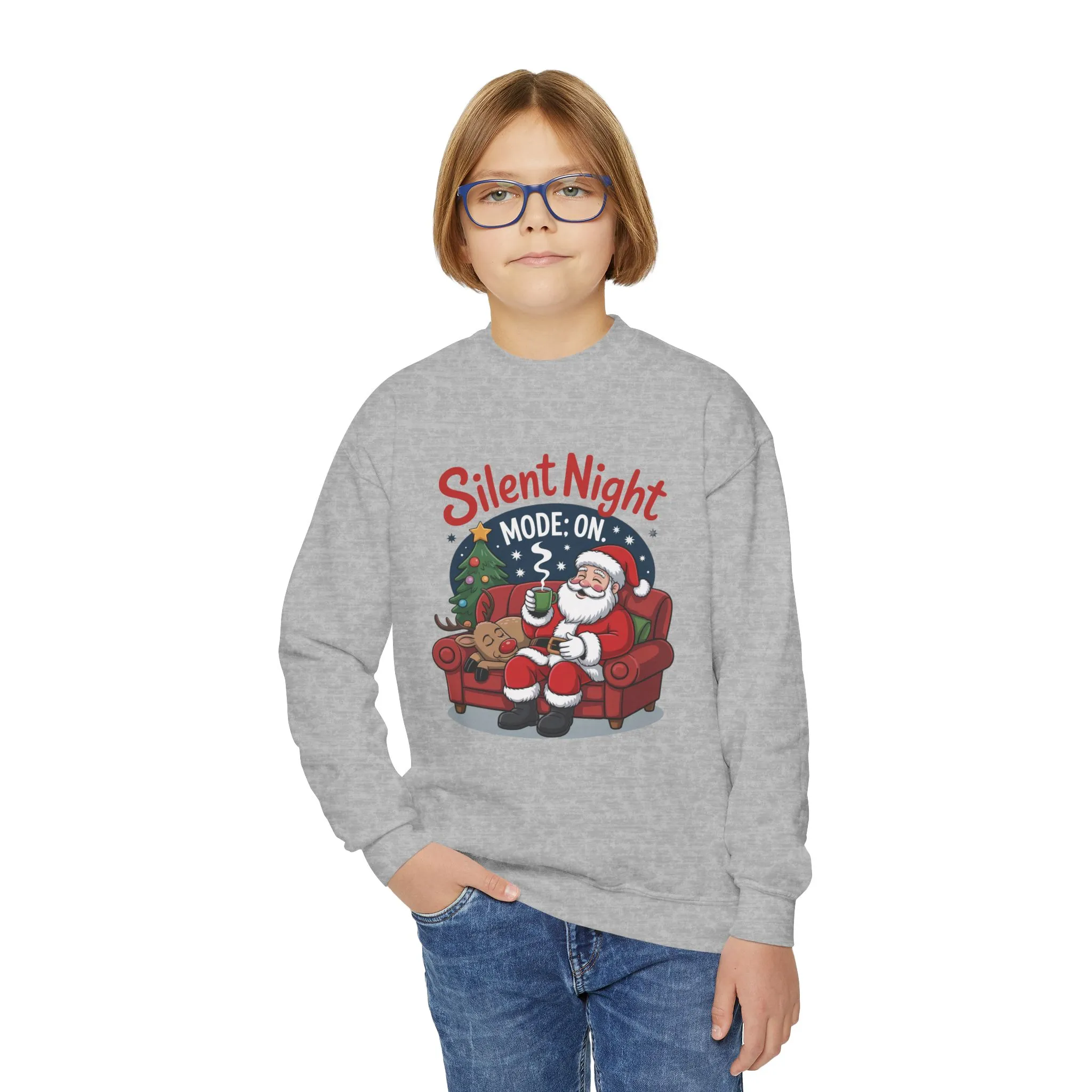 Kids Silent Night Mode On Christmas Sweatshirt, Cute Santa - Reindeer Holiday Jumper, Funny Cozy Christmas Sweater for Youth - Image 11