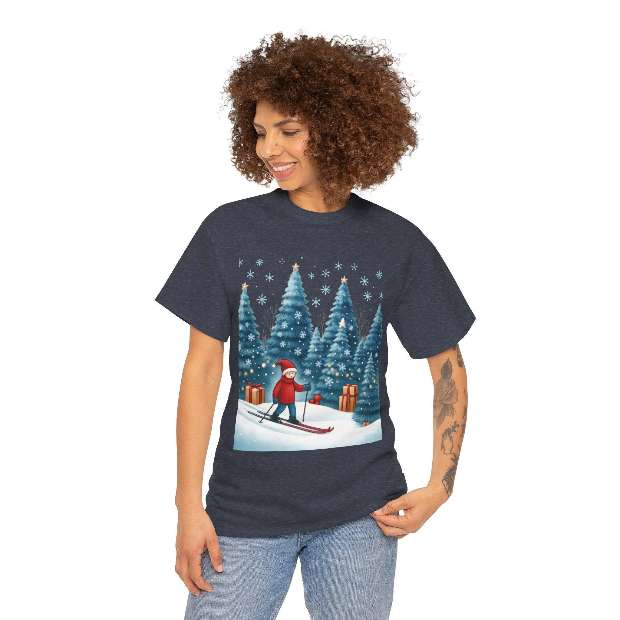 Womens Cute Winter Holiday Graphic Tee, Christmas Skiing T-Shirt, Women's Heavy Cotton Tee - Image 17