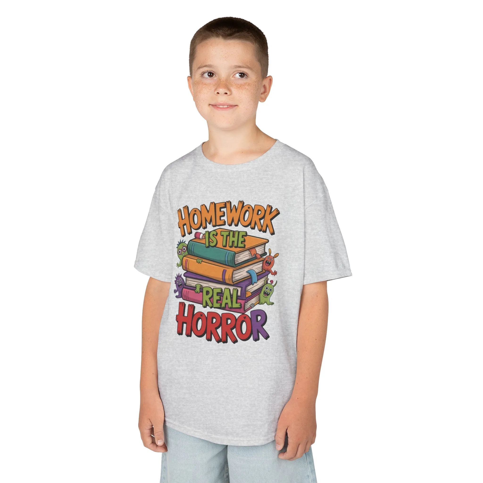 Kids Funny Homework Tee, Cute Monster School Shirt, Homework Is the Real Horror, Back to School Gift for Boys & Girls, Kids Halloween Tee - Image 6