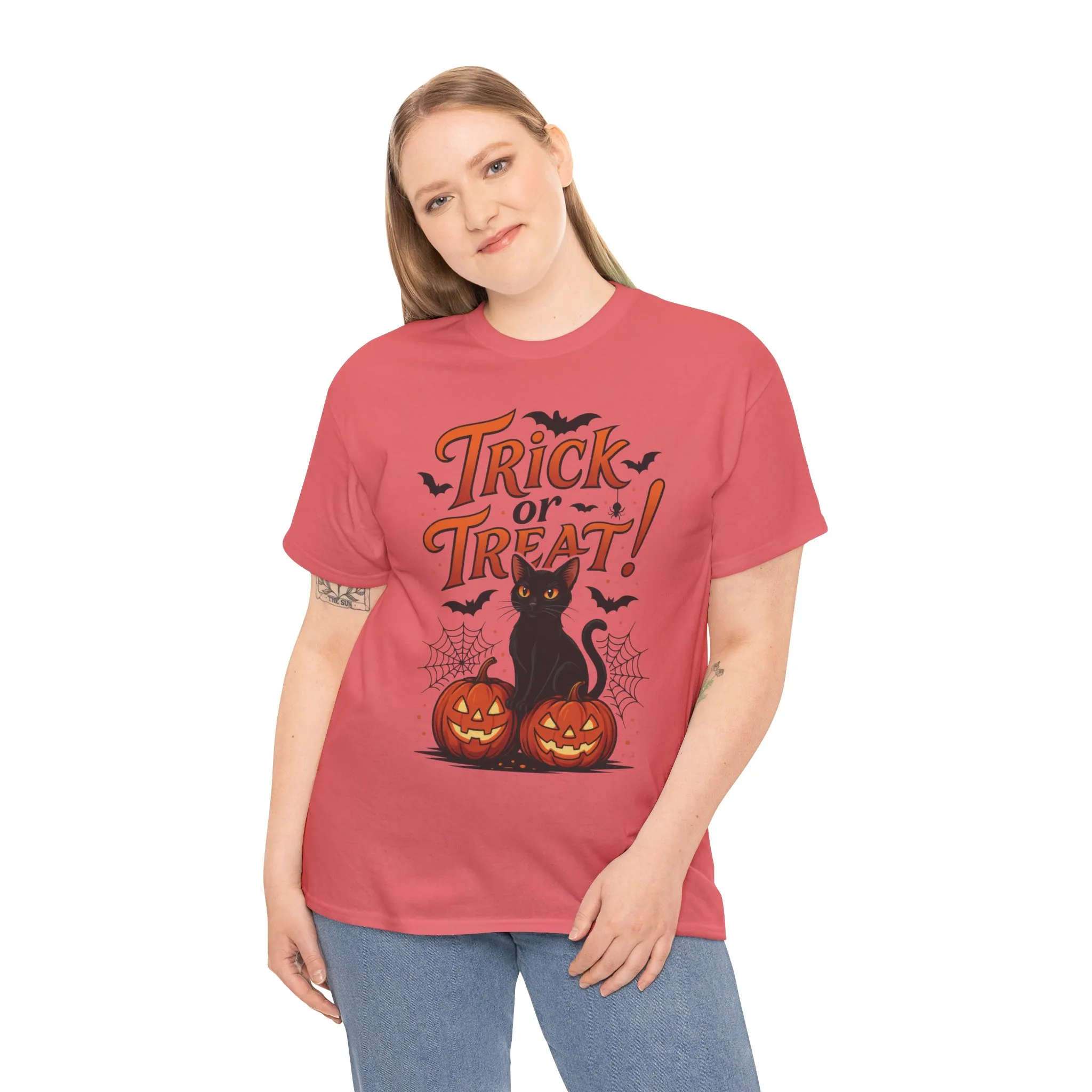 Trick or Treat Black Cat Halloween T-Shirt for Women, Spooky Cute Pumpkin Cat Tee, Fall Halloween Outfit Gift, Vintage Witchy Top - Image 9