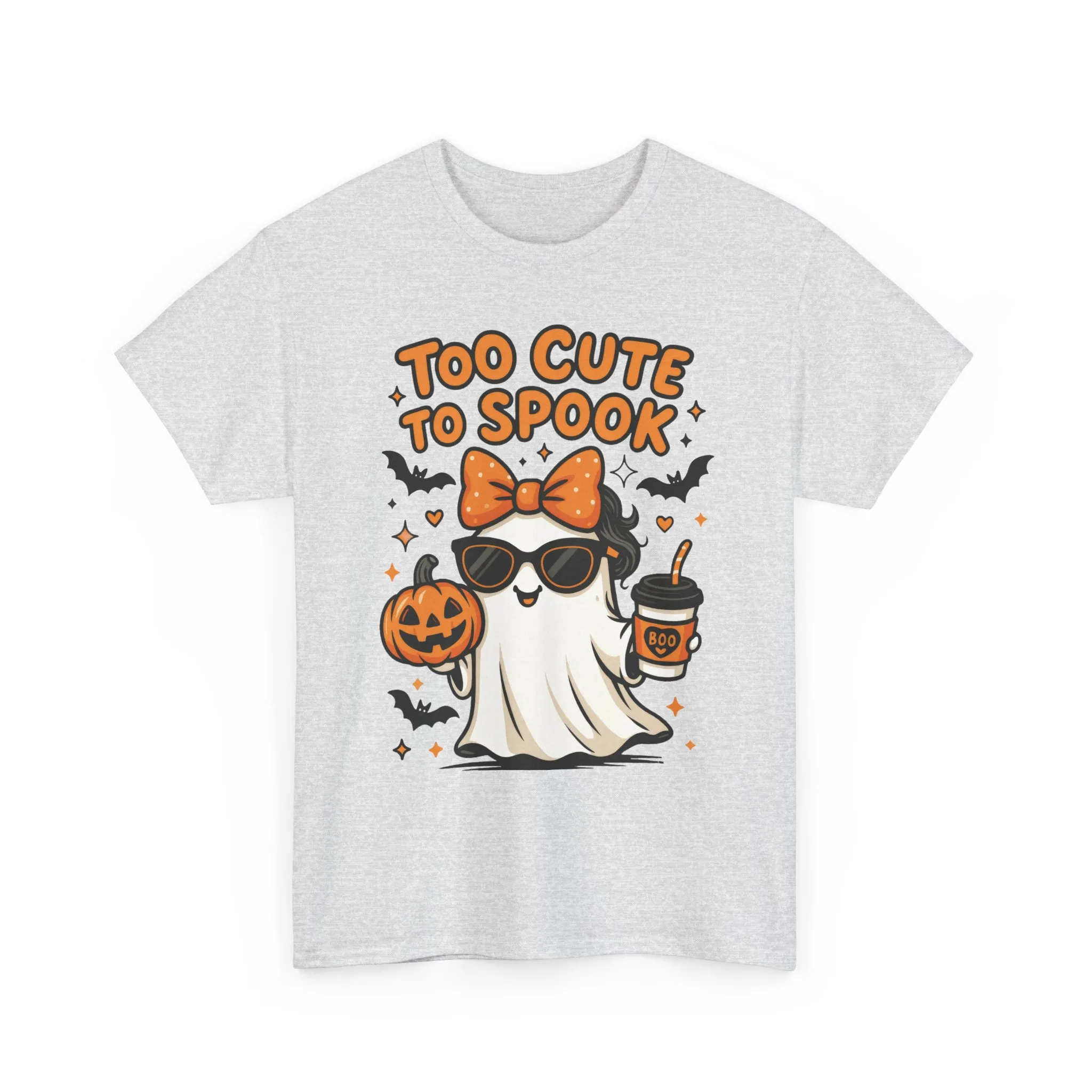 Too Cute To Spook Women's T-Shirt, Cute Ghost Pumpkin Coffee Halloween Graphic Tee - Image 4