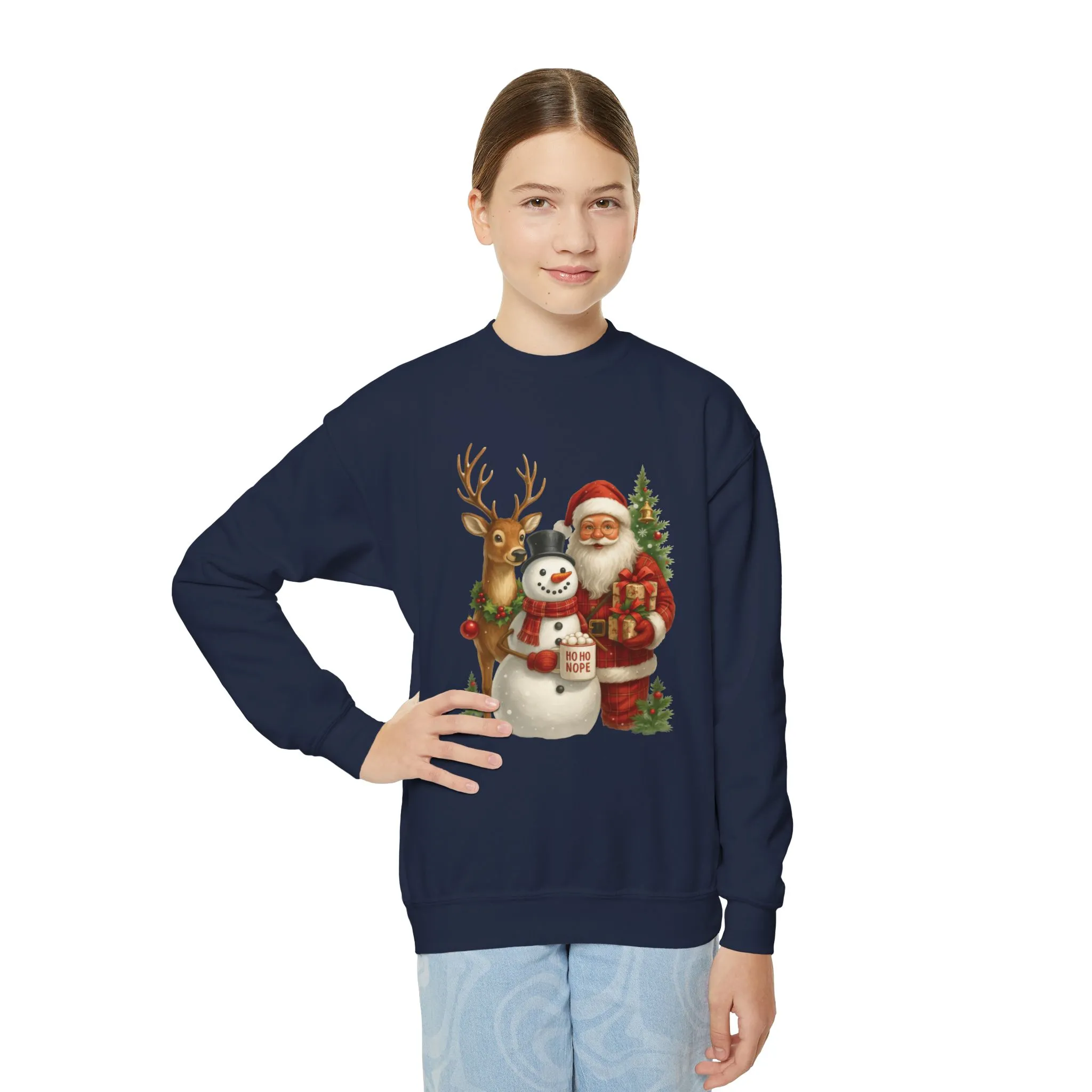 Kids Santa, Snowman - Reindeer Christmas Sweatshirt, Cute Ho Ho Nope Holiday Jumper, Funny Santa Sweater for Girls - Image 3