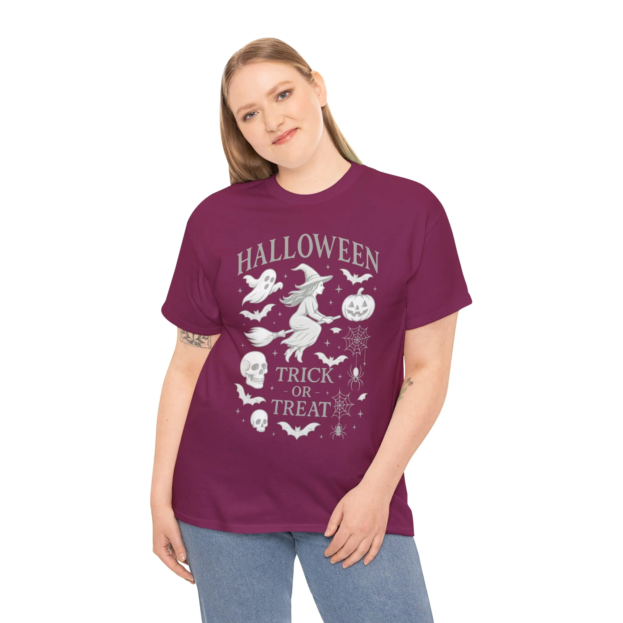 Halloween Witch Flying Broomstick T-Shirt, Trick or Treat Ghost Pumpkin Skull Spider Web Women's Tee - Image 3