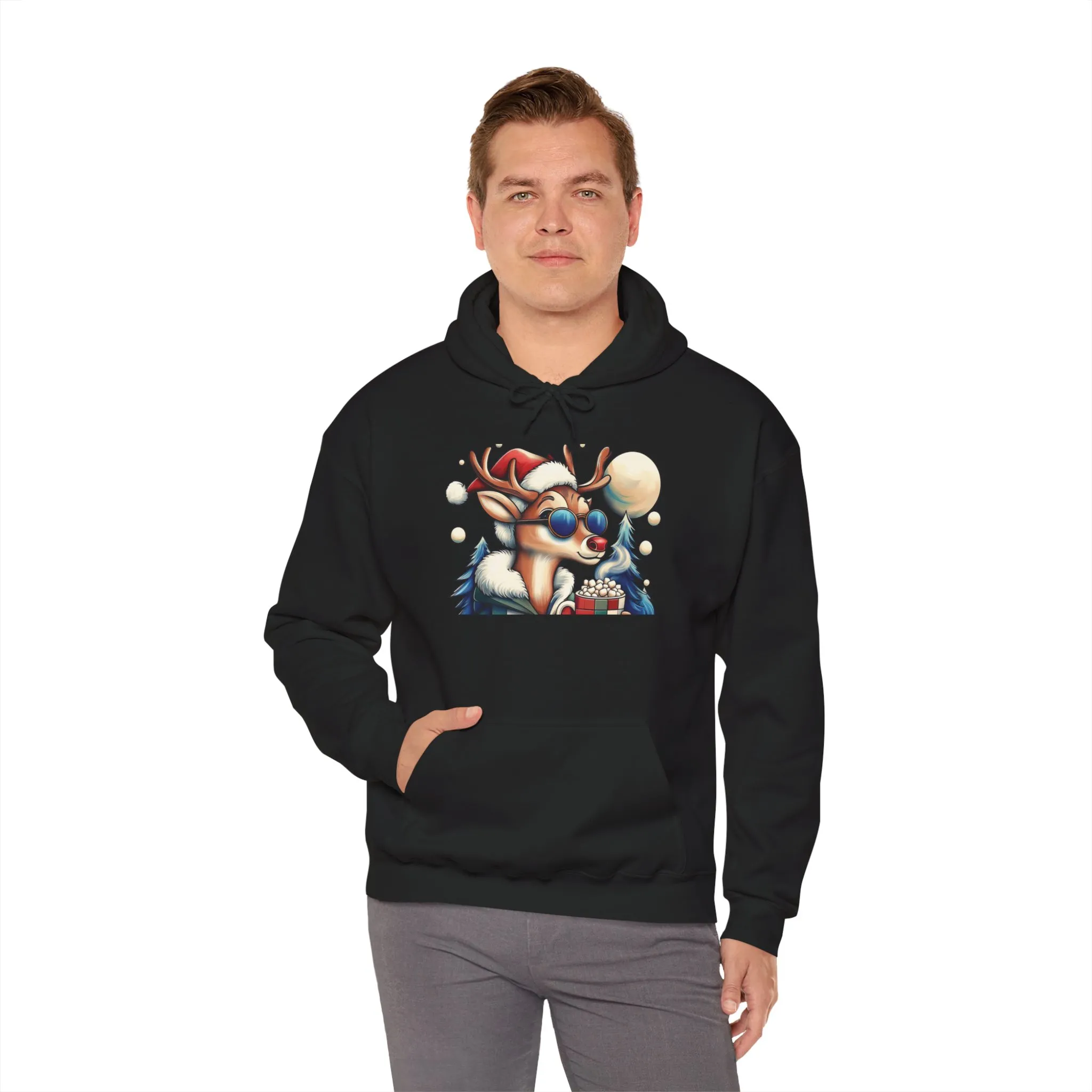 Cool Reindeer Christmas Hoodie, Funny Holiday Hot Cocoa Pullover for Men - Image 12