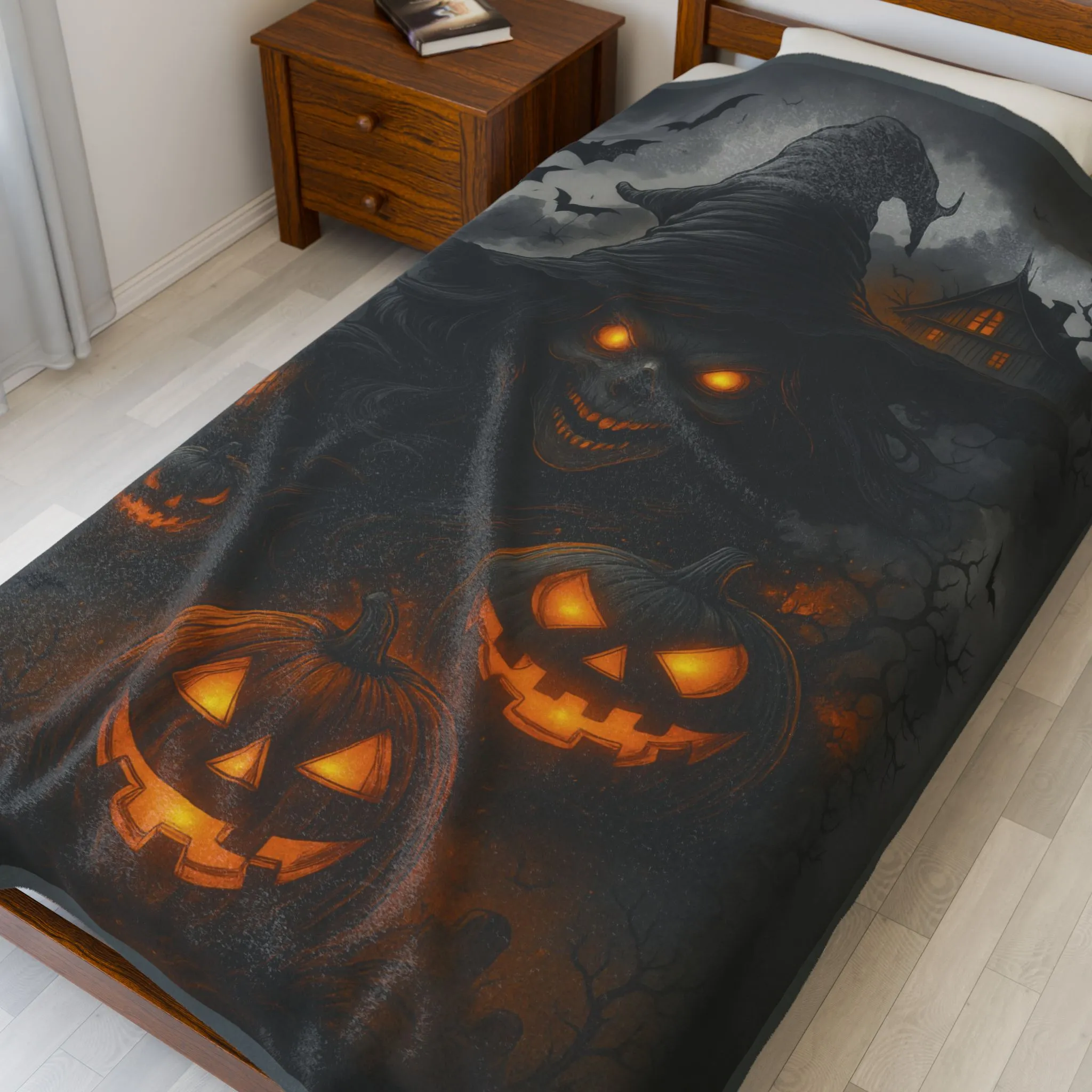 Witch and Pumpkins Halloween Velveteen Plush Blanket, Spooky Cozy Throw, Gothic Haunted House Decor, Horror Witch Gift - Image 7