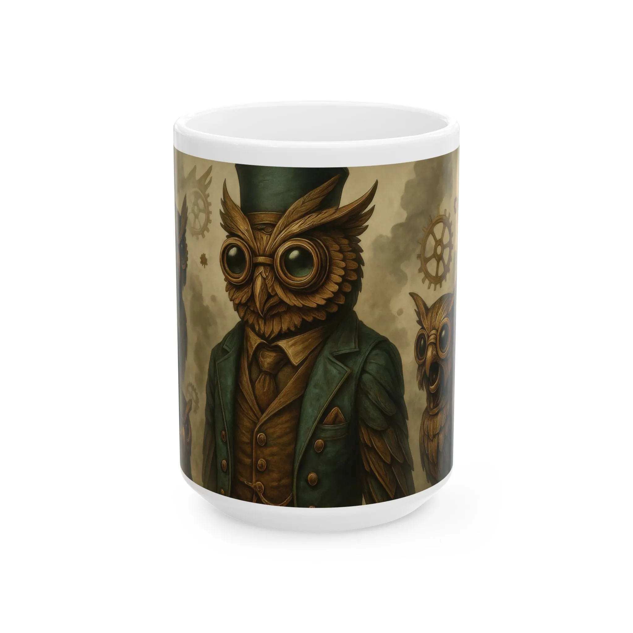 Steampunk Owl Mug, Victorian Mechanical Owl Coffee Cup, Brass Gear Owl Art, Industrial Fantasy Gift for Men, Steampunk Lovers, Mug, (15oz)