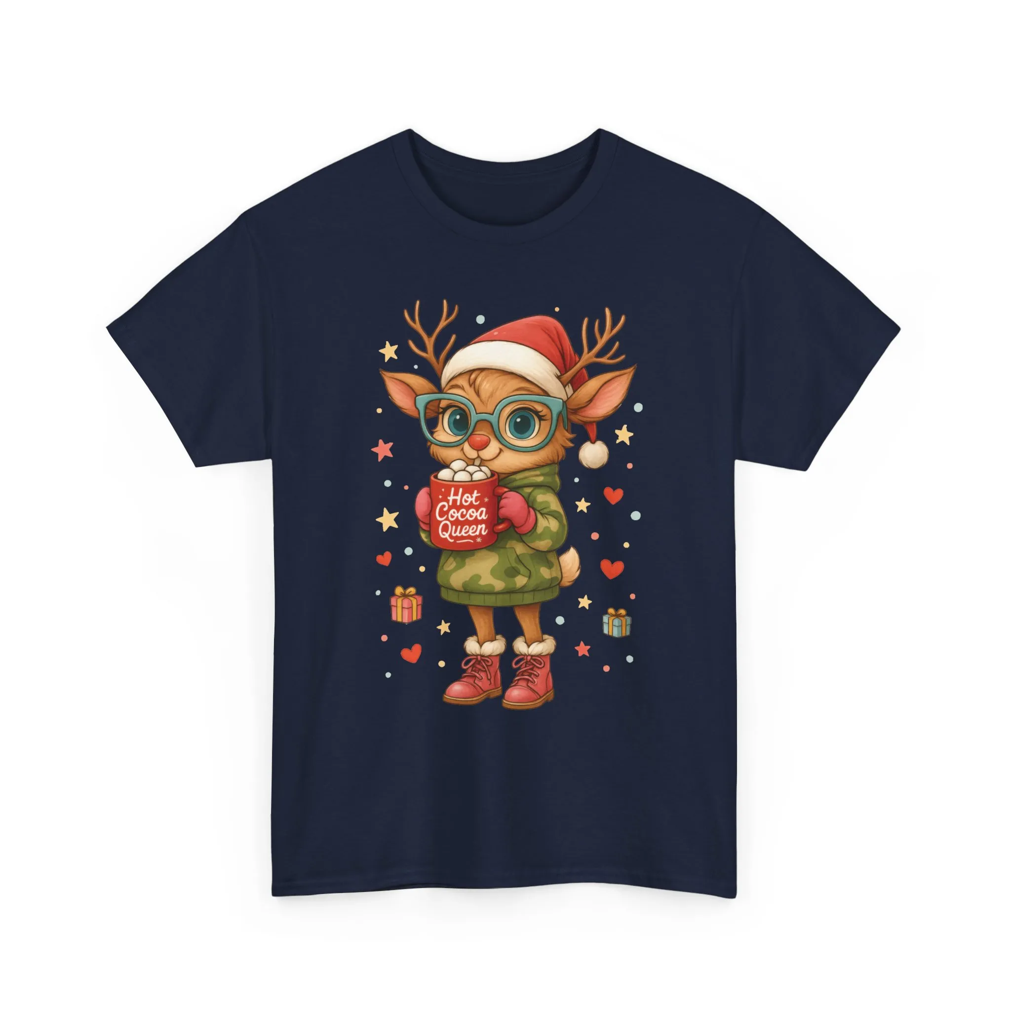 Hot Cocoa Queen Christmas Women's T-Shirt, Cute Holiday Reindeer Tee for Women - Image 2