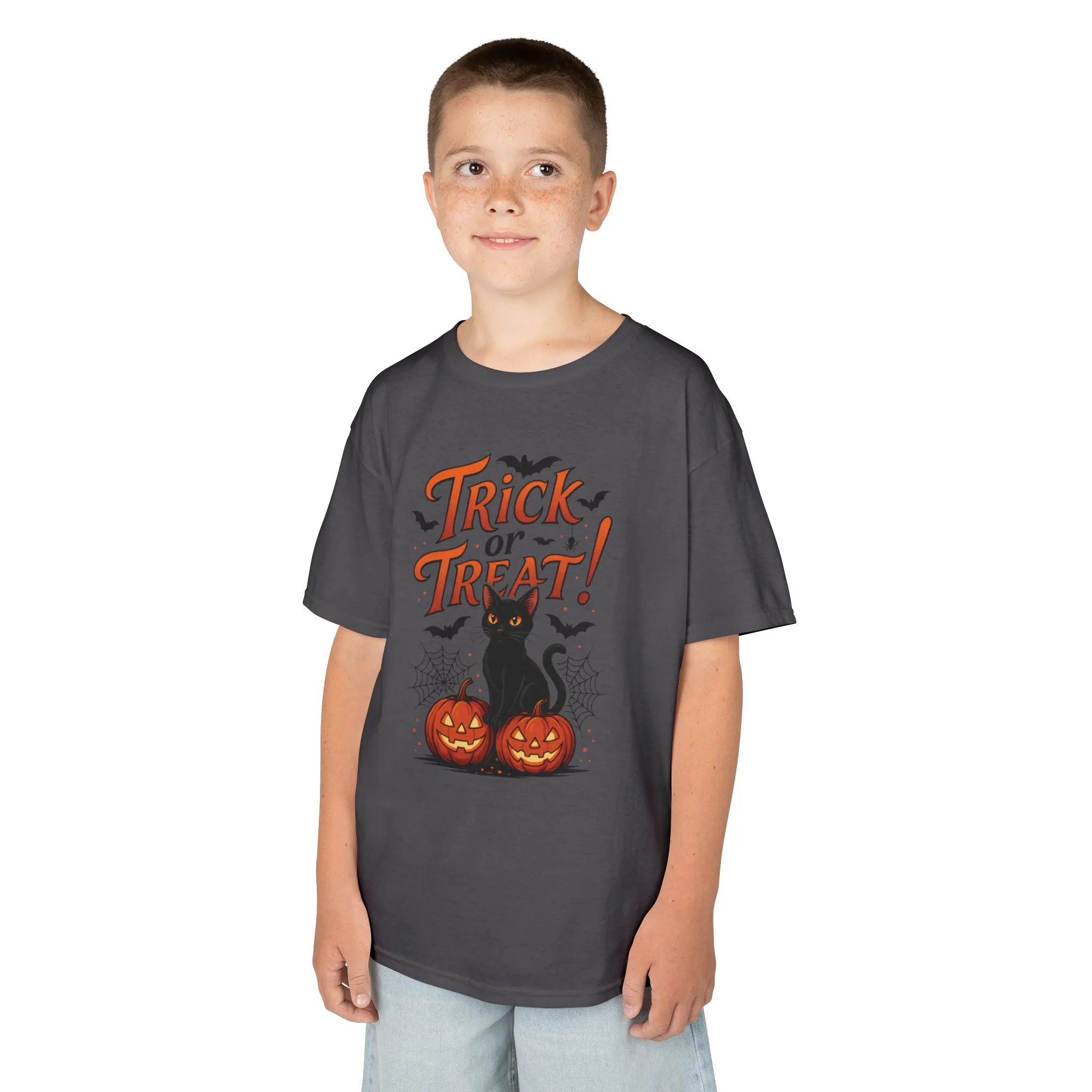 Cute Trick or Treat Black Cat T-Shirt for Girls Boys, Fun Spooky Halloween Tee, Pumpkin Cat Shirt for Kids, Fall Party Outfit - Image 15