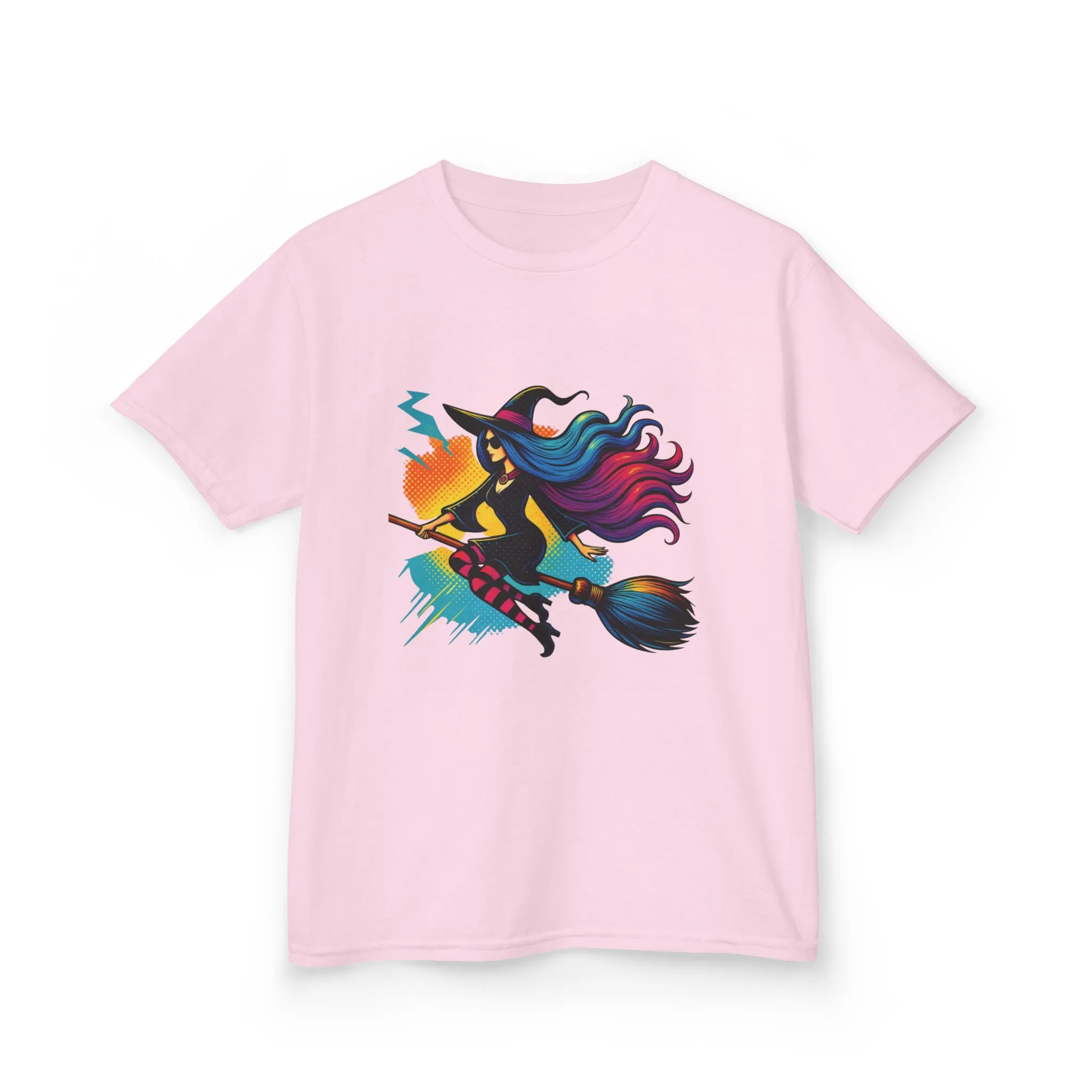 Girls Witch T-Shirt, Colorful Halloween Witch Graphic Tee for Kids, Fun Spooky Broomstick Shirt, Gift for Girls - Image 2