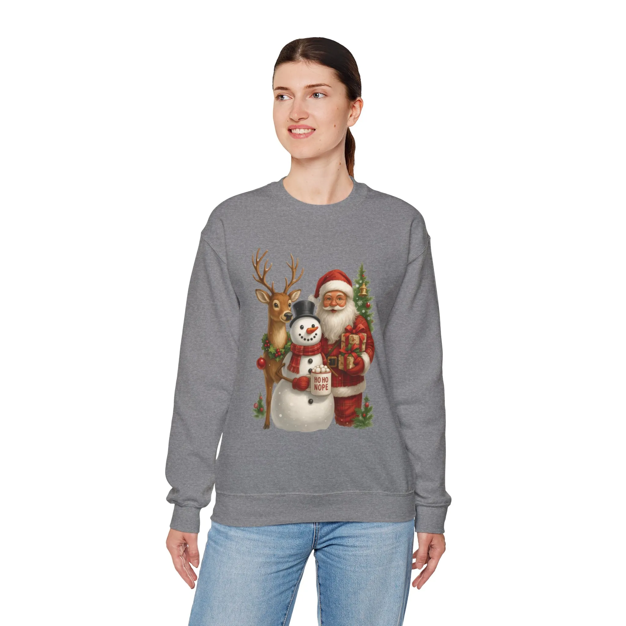 Santa, Snowman - Reindeer Christmas Sweatshirt, Funny Ho Ho Nope Holiday Sweater, Cute Vintage Christmas Jumper for Women - Image 15