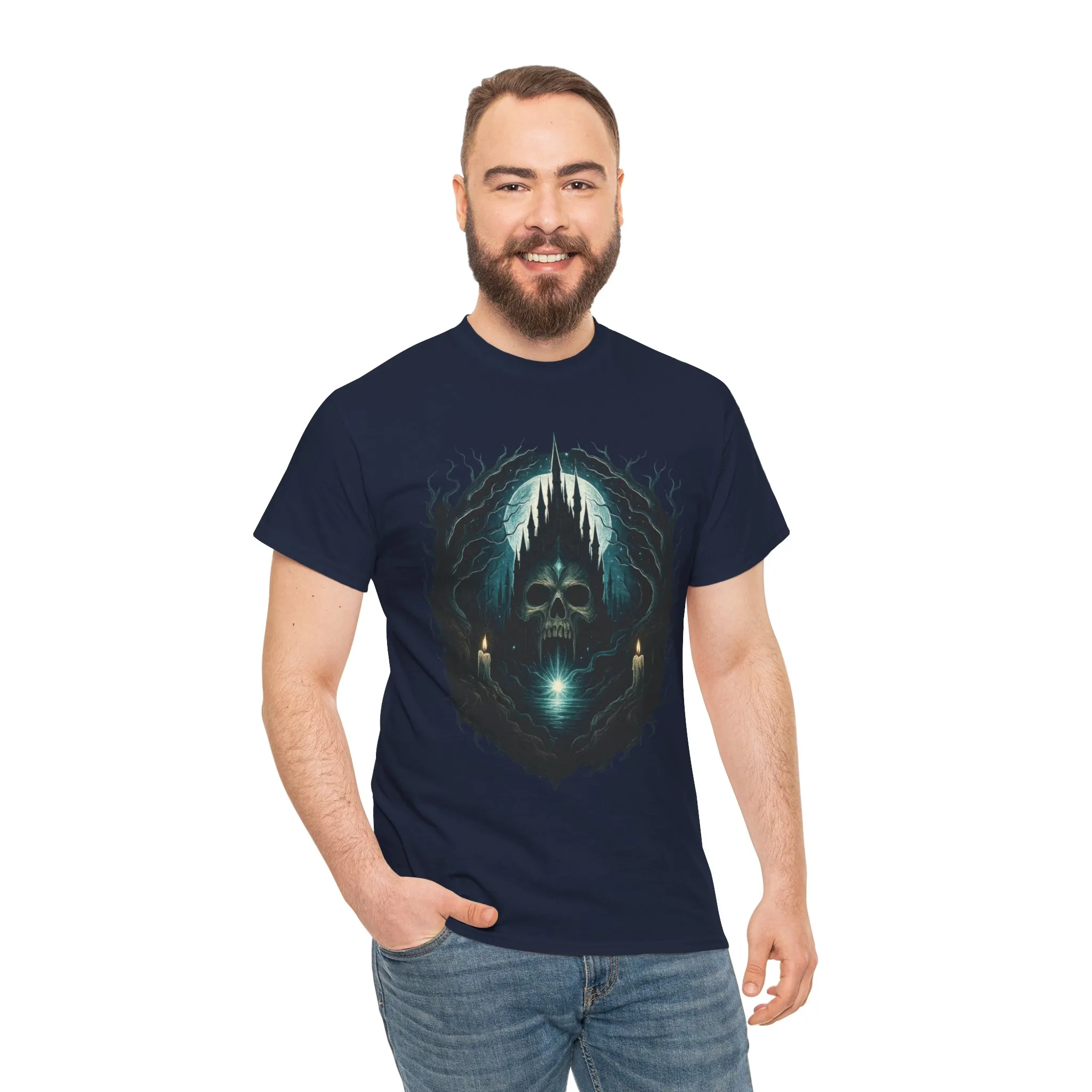 Gothic Skull Castle Men's T-Shirt, Dark Horror Haunted Night Graphic Tee, Halloween Shirt