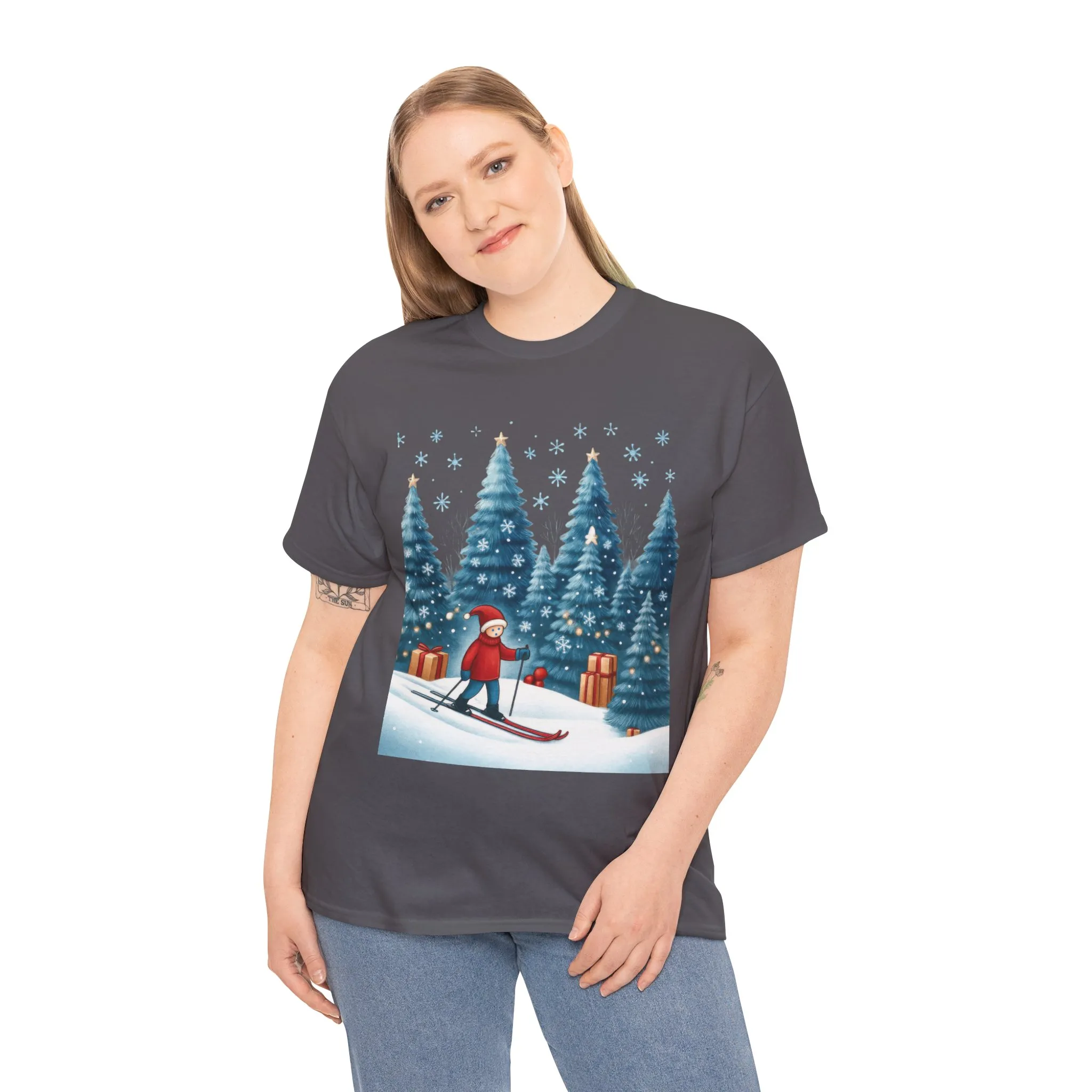 Womens Cute Winter Holiday Graphic Tee, Christmas Skiing T-Shirt, Women's Heavy Cotton Tee - Image 9