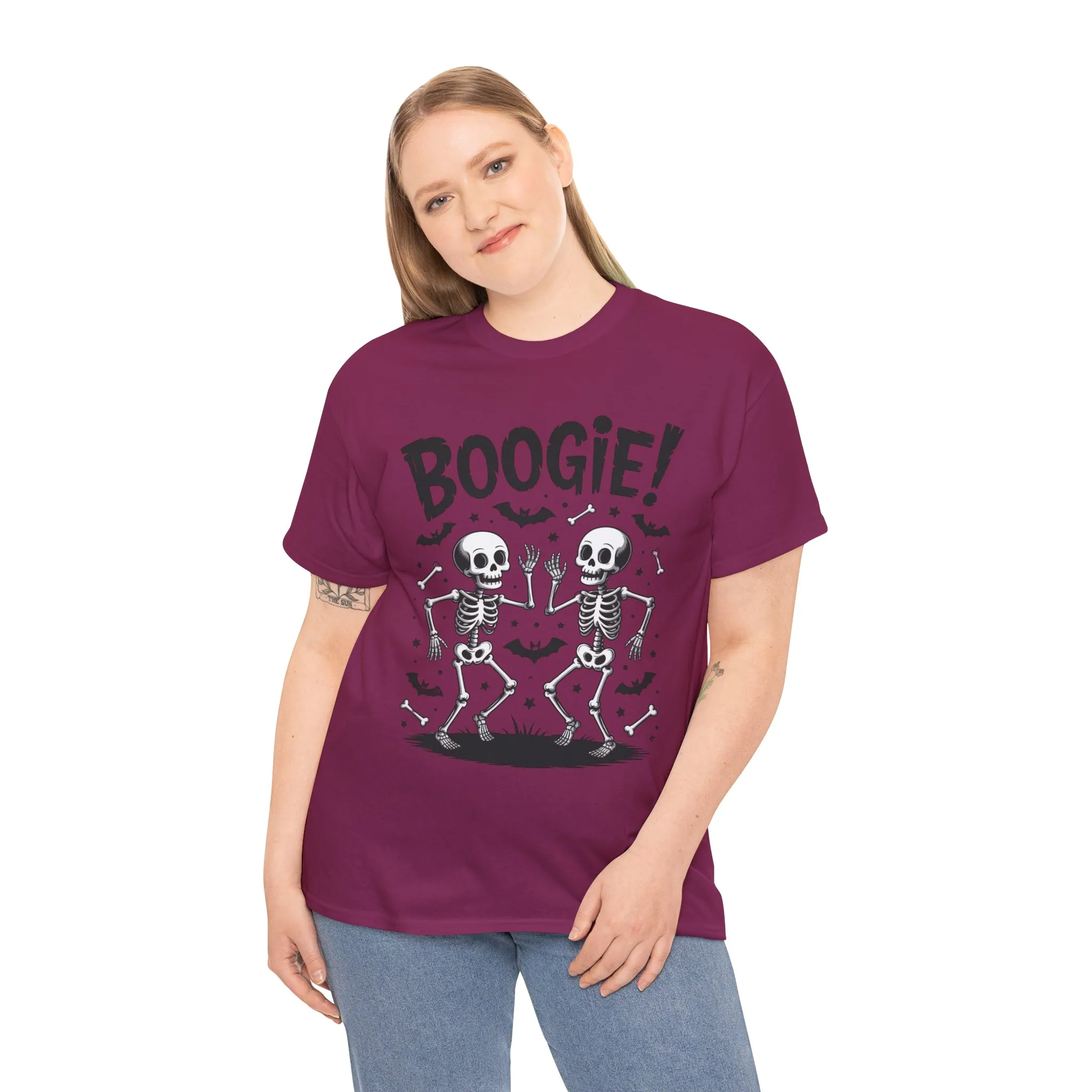 Halloween Dancing Skeletons Women's T-Shirt, BOOGIE! Funny Spooky Graphic Tee for Women, Women's Heavy Cotton Tee - Image 24