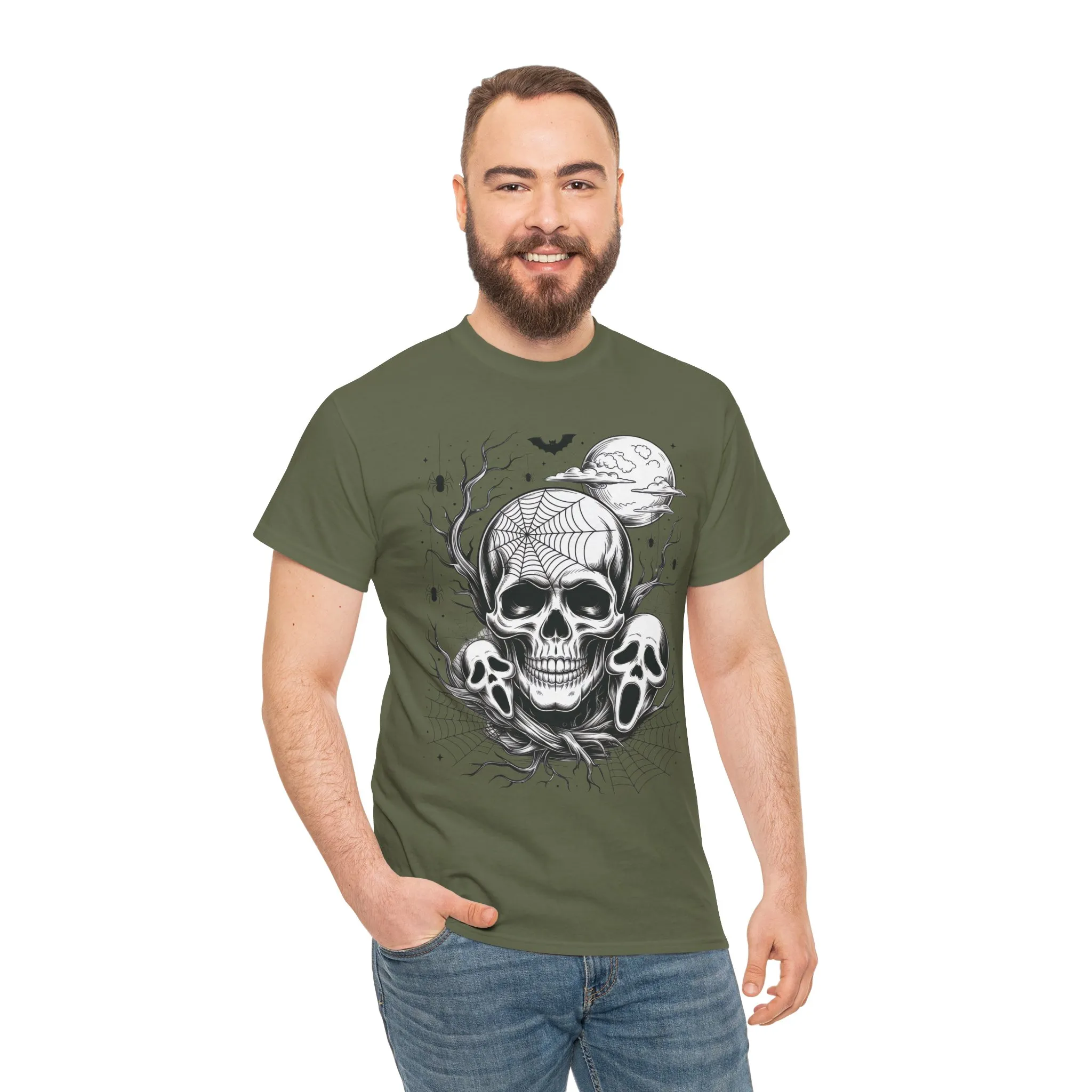 Men's Gothic Skull T-Shirt, Halloween Graphic Tee, Spider Web Moon Horror Shirt, Spooky Skull Graphic Top for Him - Image 11