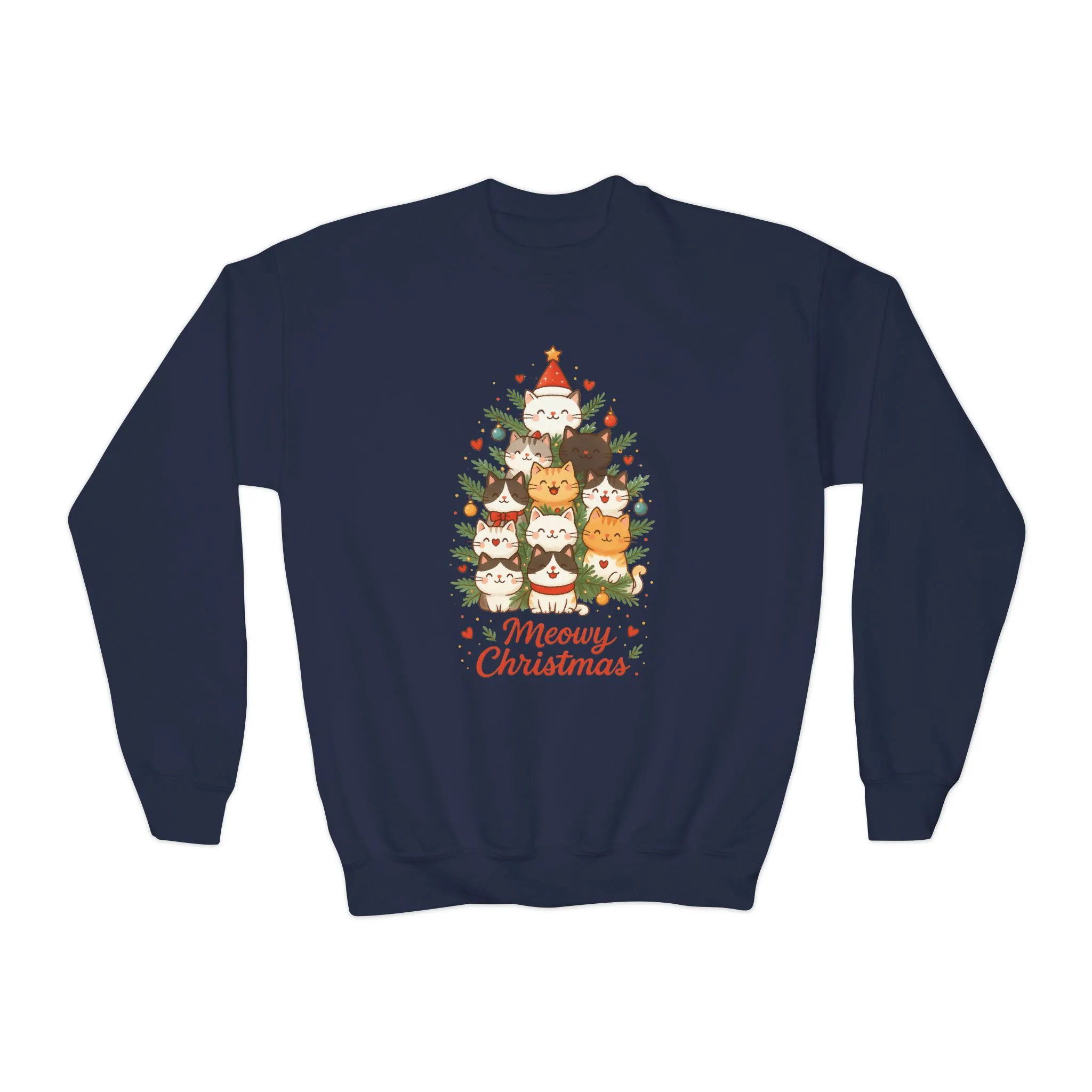 Youth Meowy Christmas Cat Sweatshirt, Cute Holiday Kitty Jumper - Image 11