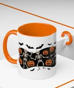 Dancing Skeletons Halloween Mug, Funny Spooky Pumpkin Coffee Cup, Cute Skeleton Dance Mug, Festive Fall Gift, Accent Coffee Mug (11, 15oz)
